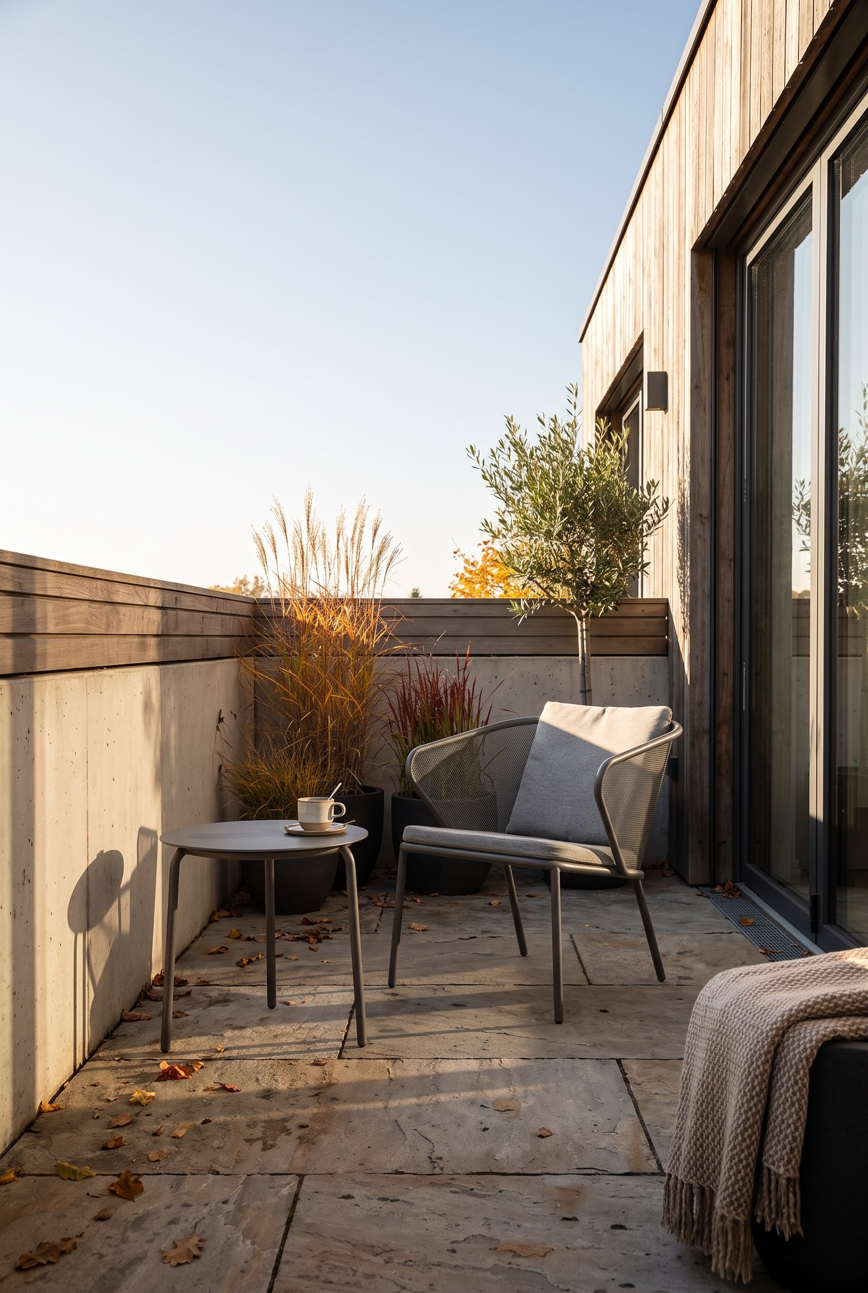 Fauteuil lounge gris profond en acier inoxydable dans le coin protégé d'une terrasse de toit