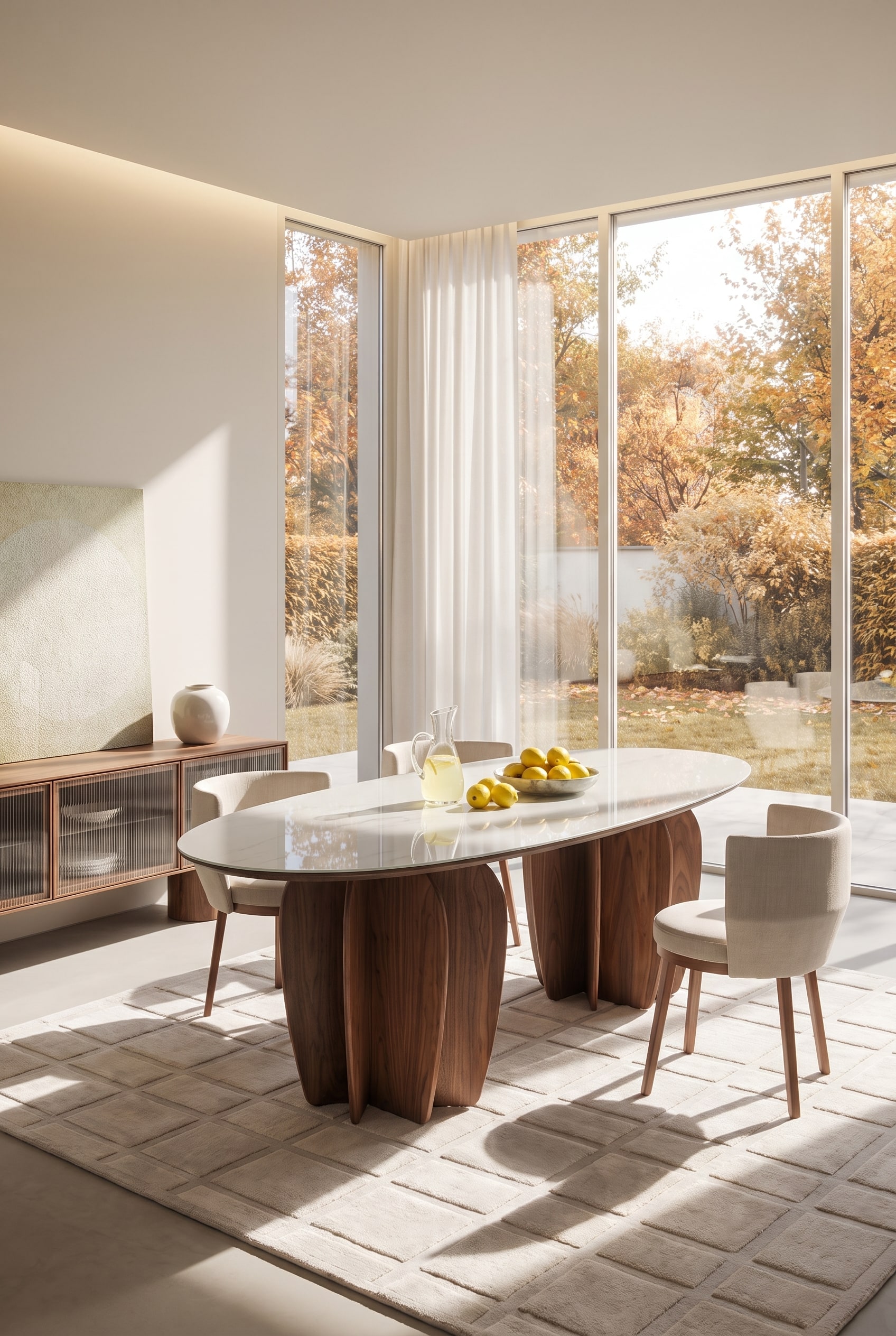 Sonnige, moderne Terrasse mit einem organisch geformten Holztisch, eleganten Terrassenst&uuml;hlen und Blick aufs Meer