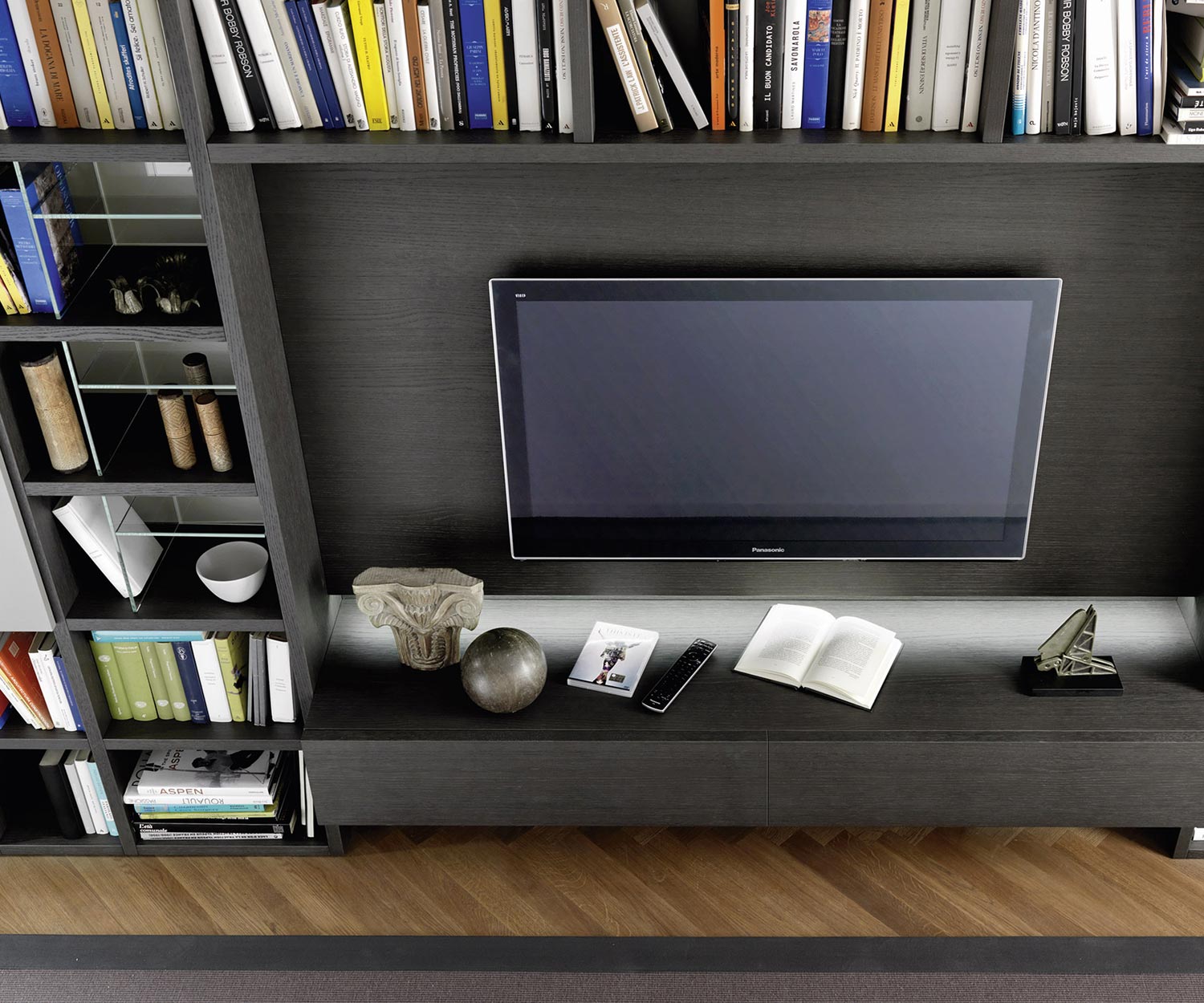 Modernes Design Bücherregal C54 mit TV Modul Eiche Grau