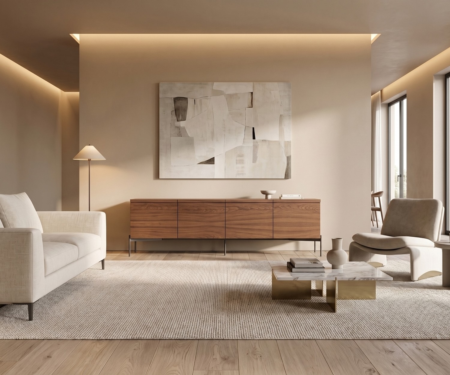 Buffet design al2 o-rizon 003 en bois dans un salon minimaliste beige avec canapé blanc et tapis.