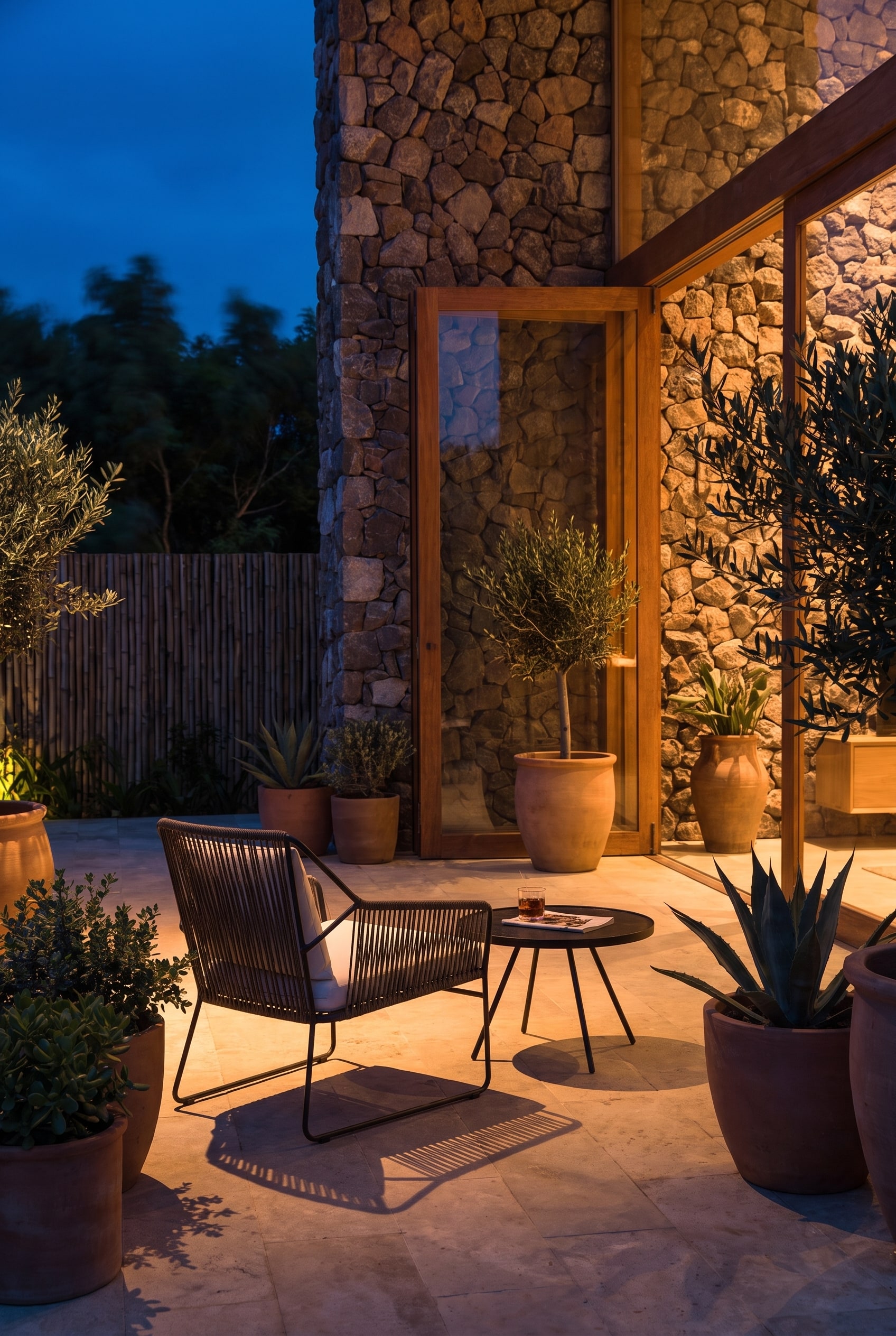 Fauteuil en corde Oasiq Sandur en acier inoxydable sur une terrasse éclairée le soir avec une lumière chaude