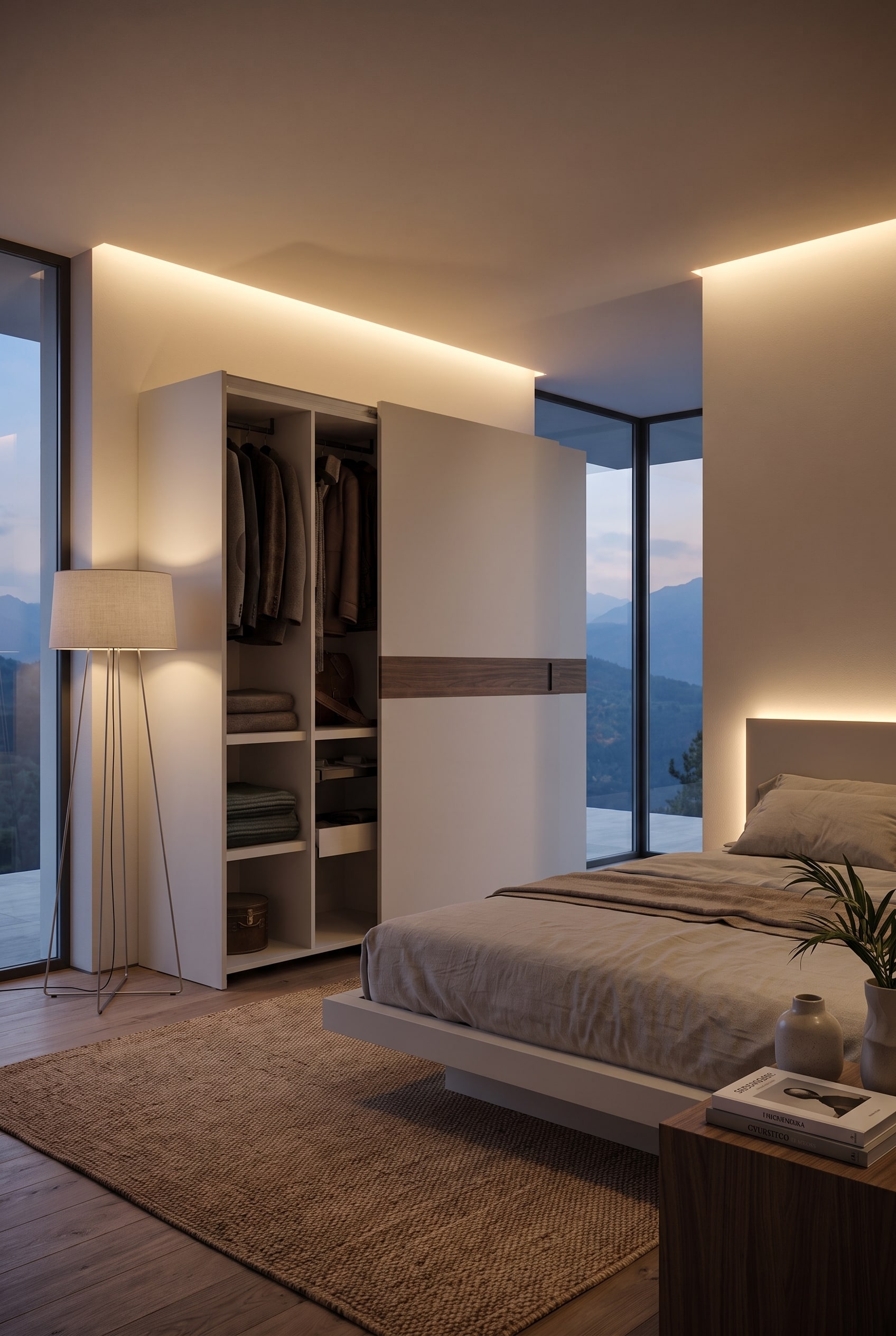 Chambre d'adolescent moderne avec une grande armoire dont les portes coulissantes blanches mates laissent un passage &eacute;troit vers le lit