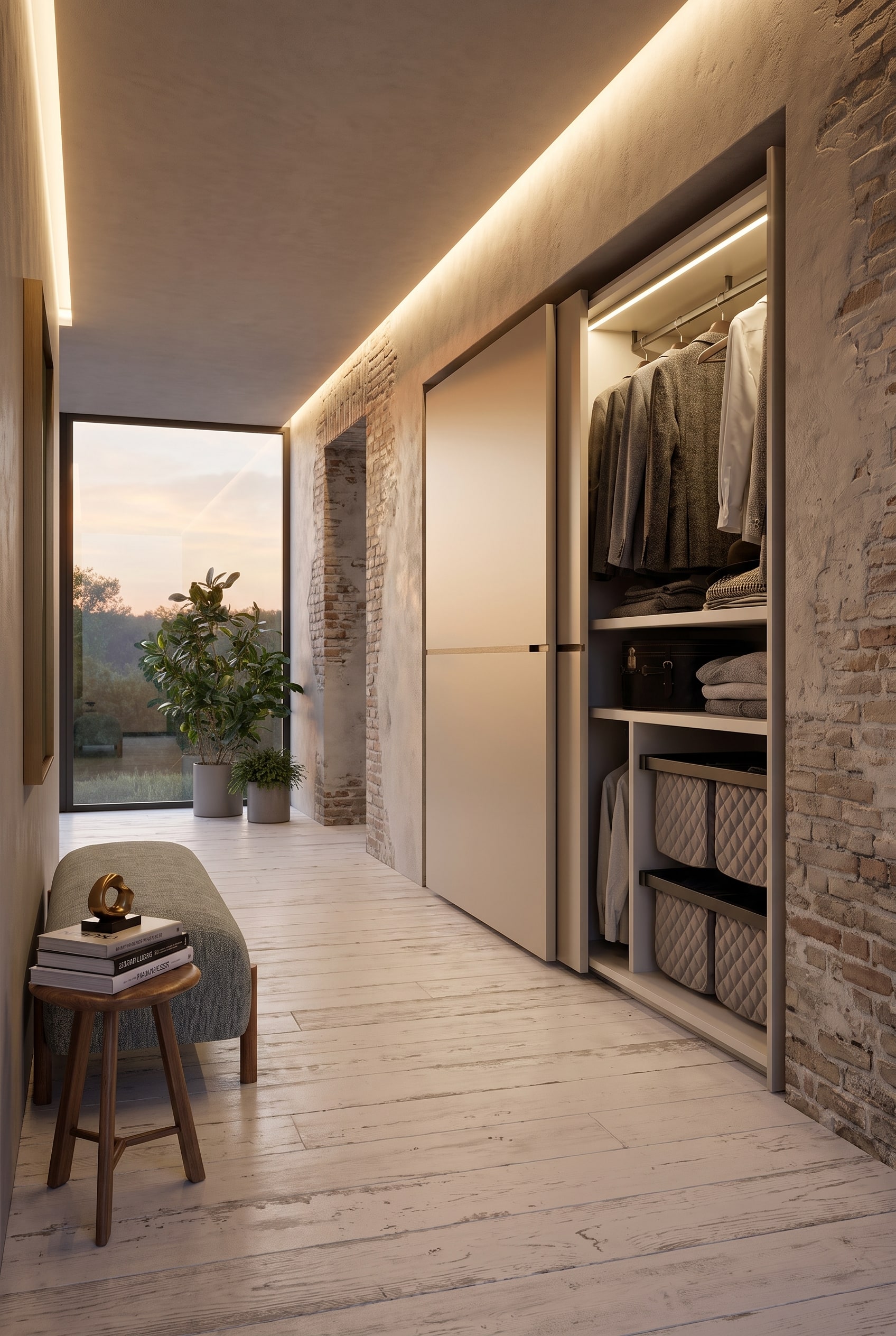Couloir avec une grande armoire &agrave; portes coulissantes murale en beige mat, aspect sans couture