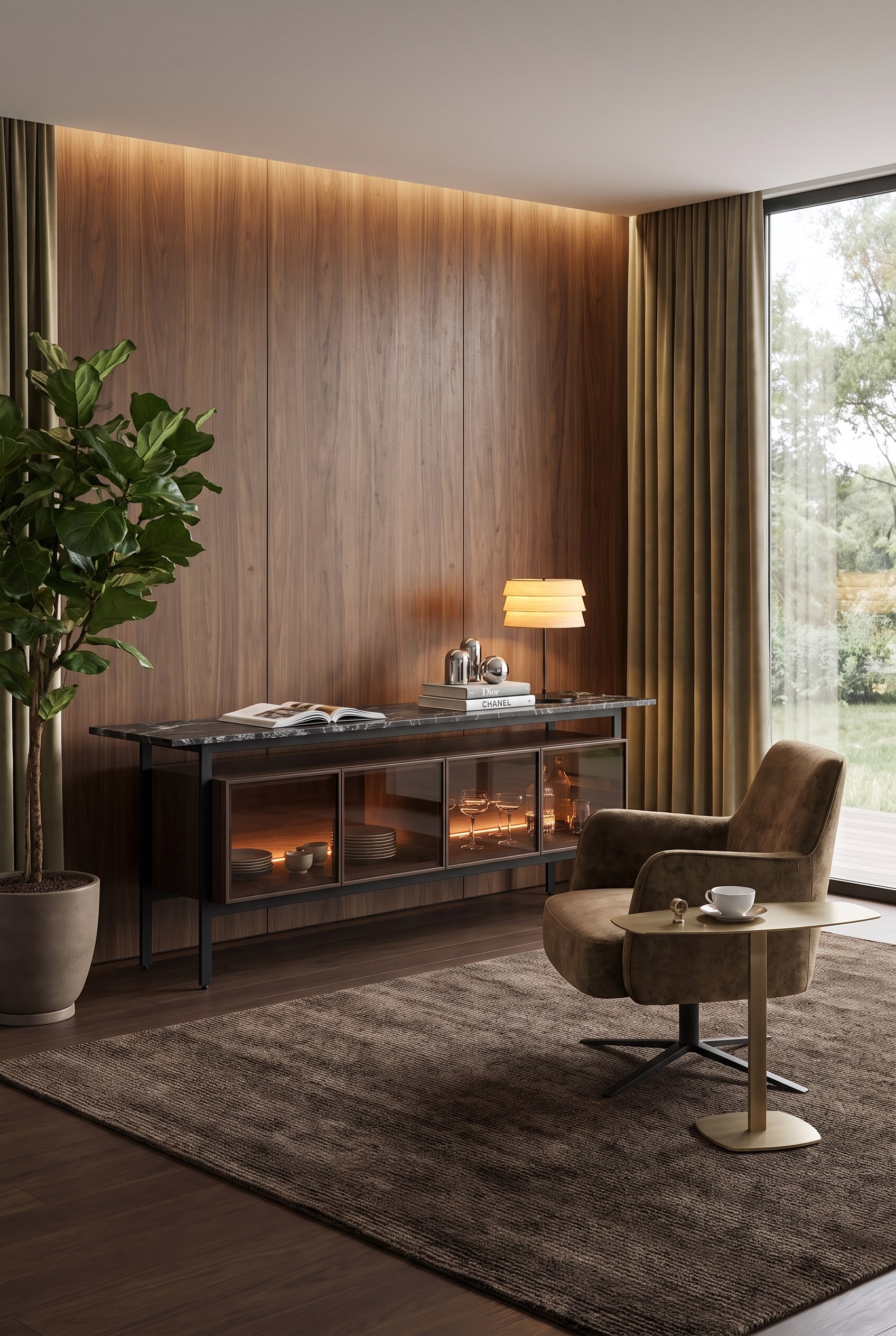 Buffet en bois foncé avec éclairage LED intégré derrière des portes en verre teinté dans une pièce chaleureuse