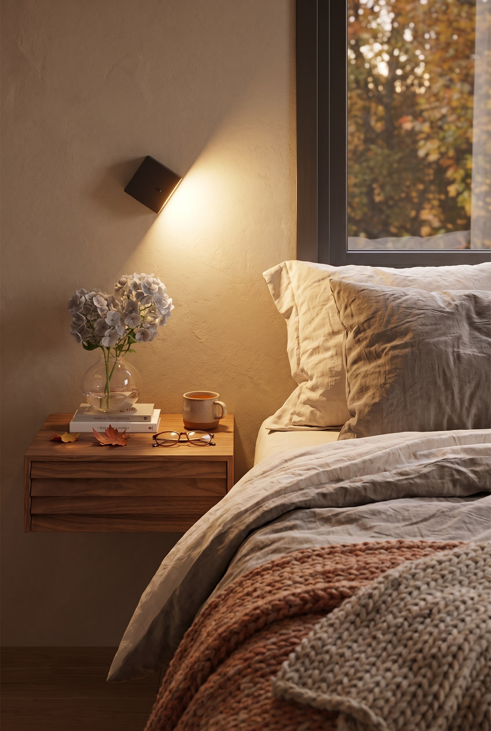Ein gem&uuml;tliches Schlafzimmer im Herbst-Look mit dem Punt Sussex Nachttisch, dessen markante horizontale Holzlamellen die warme Raumbeleuchtung reflektieren.