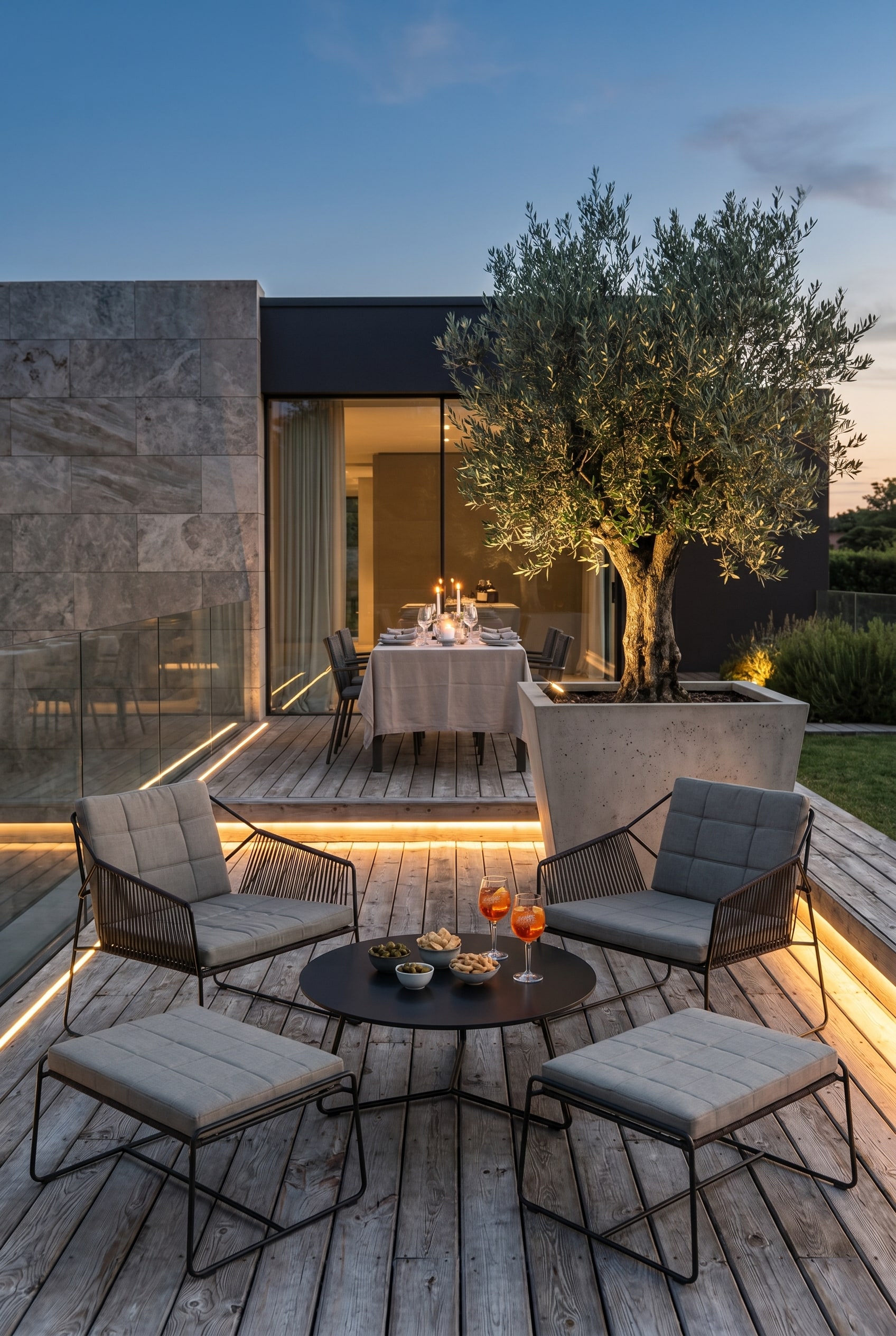 Terrasse architecturale avec deux petits tabourets d'ext&eacute;rieur en corde tress&eacute;e &agrave; c&ocirc;t&eacute; d'une jardini&egrave;re