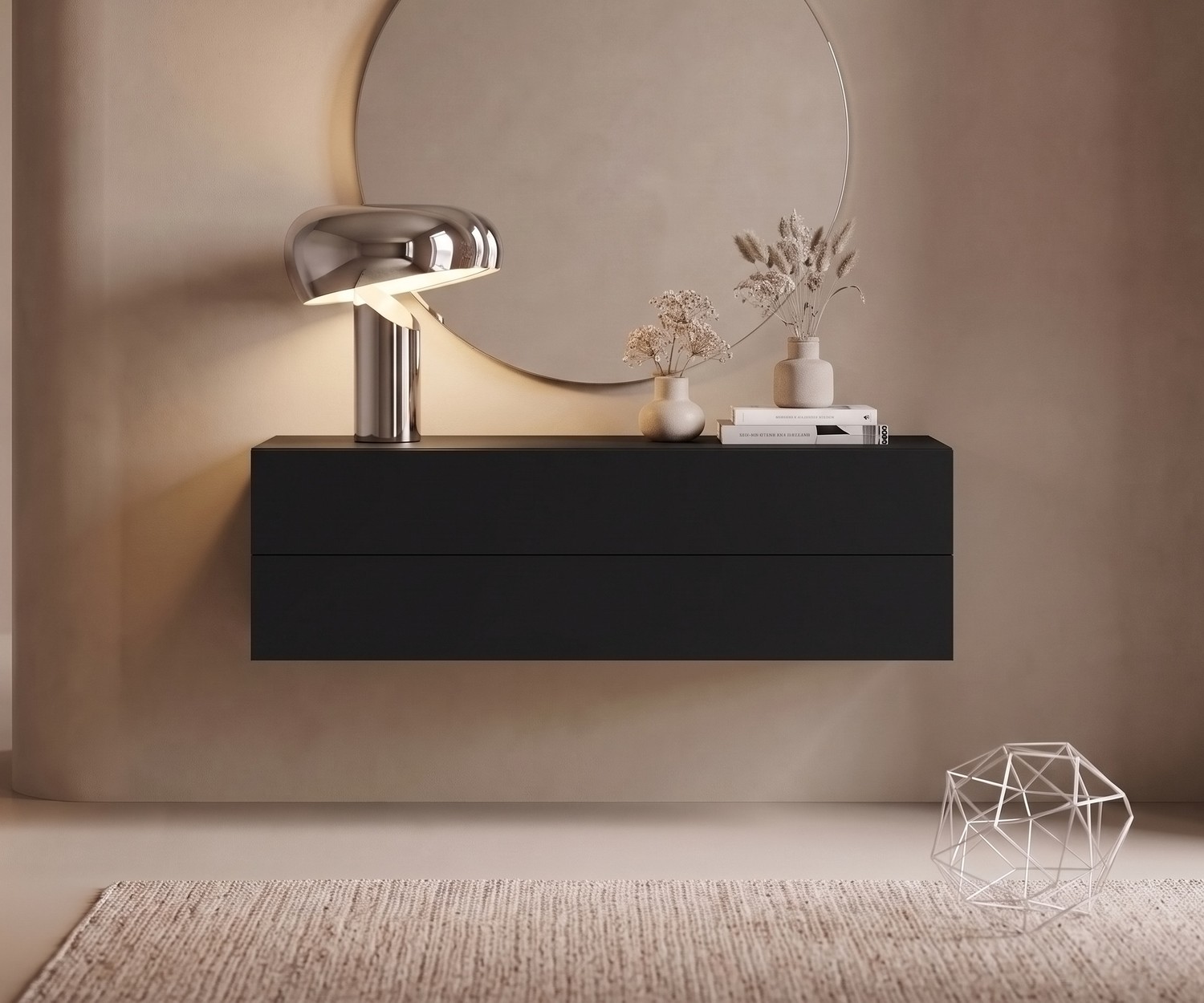 Novamobili Hängekommode Easy in Schwarz Hängekommode Novamobili Easy für das Schlafzimmer in Schwarz, modernes griffloses Design mit zwei Schubladen.