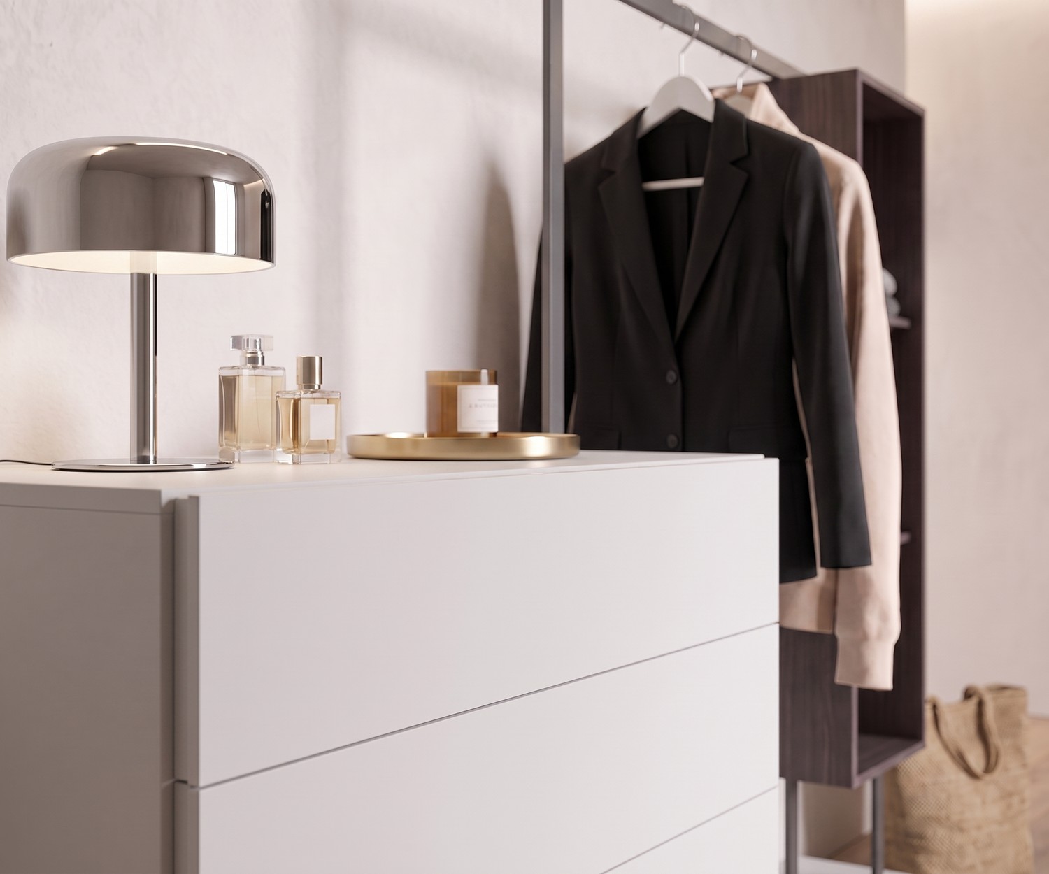 Commode Novamobili Easy 4 avec penderie pour l'entrée, meuble blanc avec tringle à vêtements moderne et minimaliste.