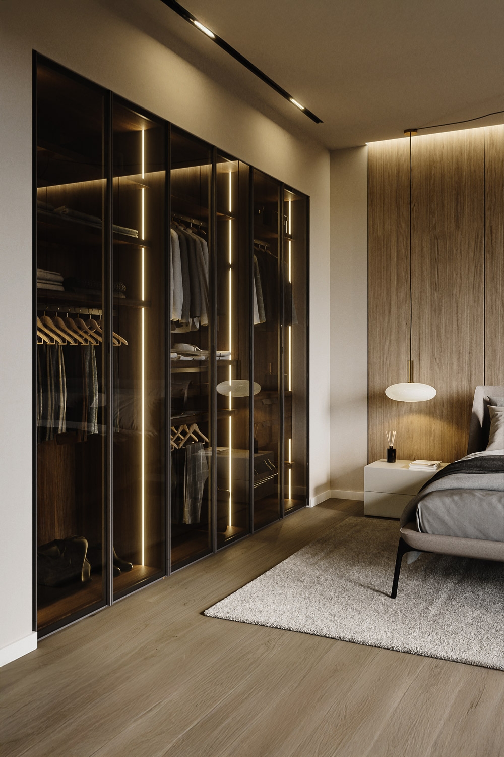 armoire avec portes transparentes à côté de meubles de chambre dégageant de la légèreté