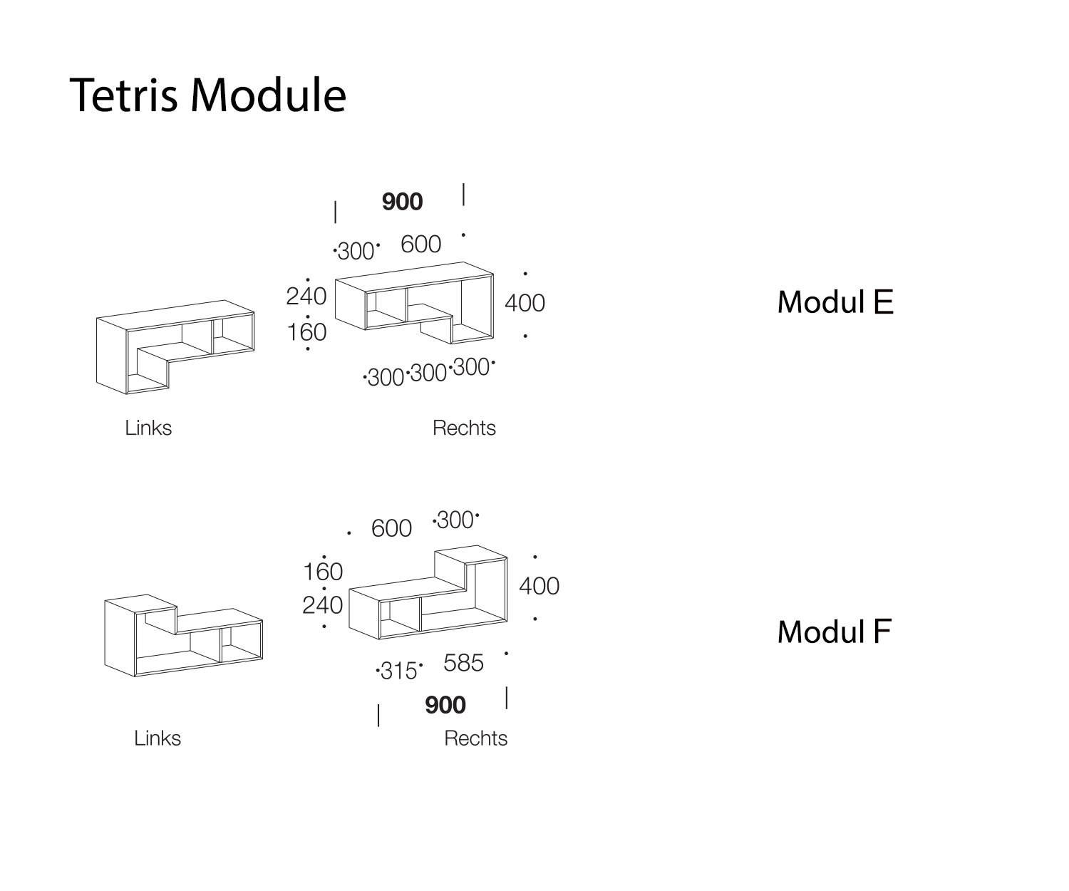 Tétris Designer Étagère Modules E et F Esquisse Dimensions