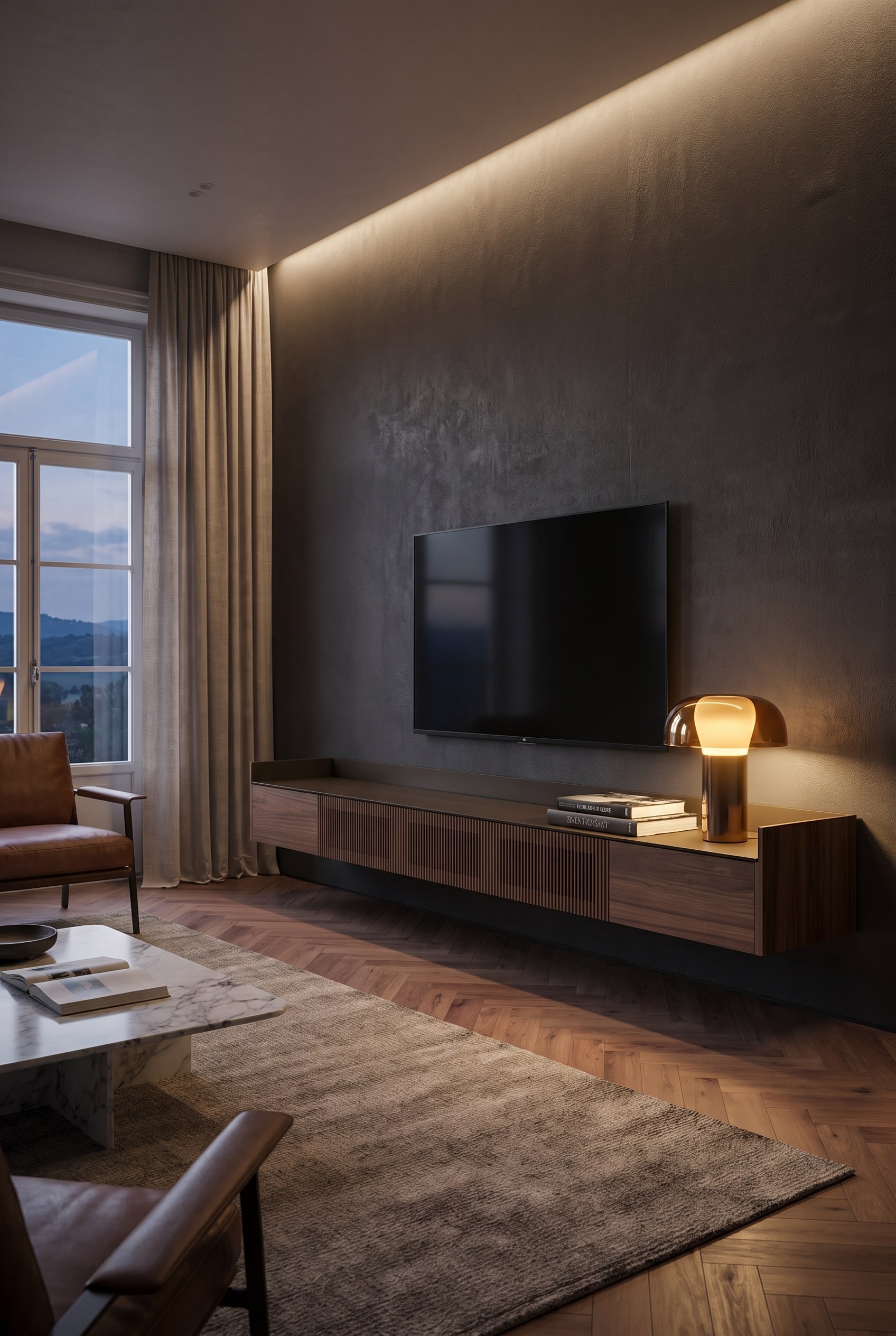 Meuble TV mural en bois de noyer noble dans le salon, avec un t&eacute;l&eacute;viseur &agrave; &eacute;cran plat au-dessus