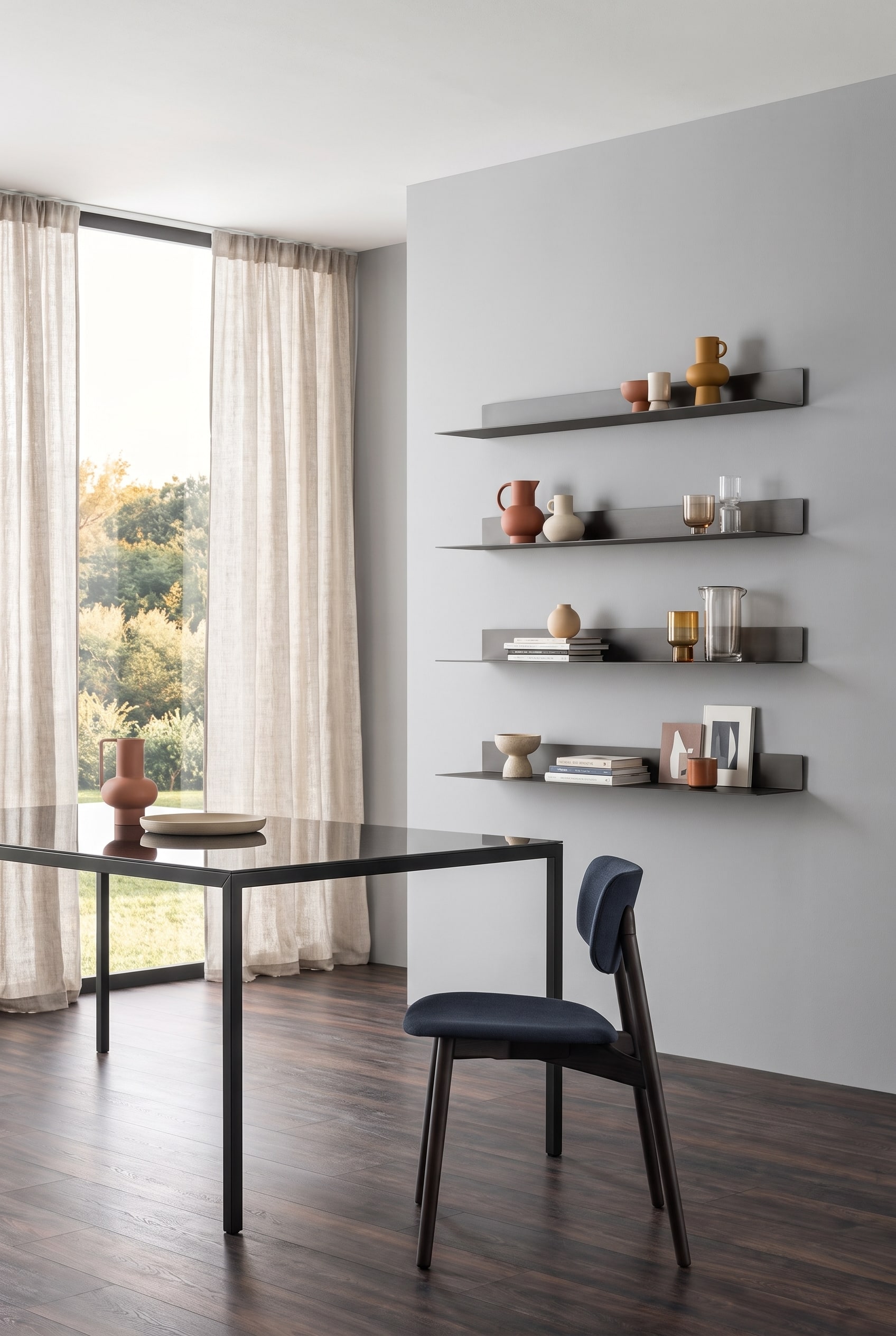 Salle &agrave; manger minimaliste avec des &eacute;tag&egrave;res murales en m&eacute;tal au-dessus d'une table &agrave; manger sombre et de petits objets en c&eacute;ramique