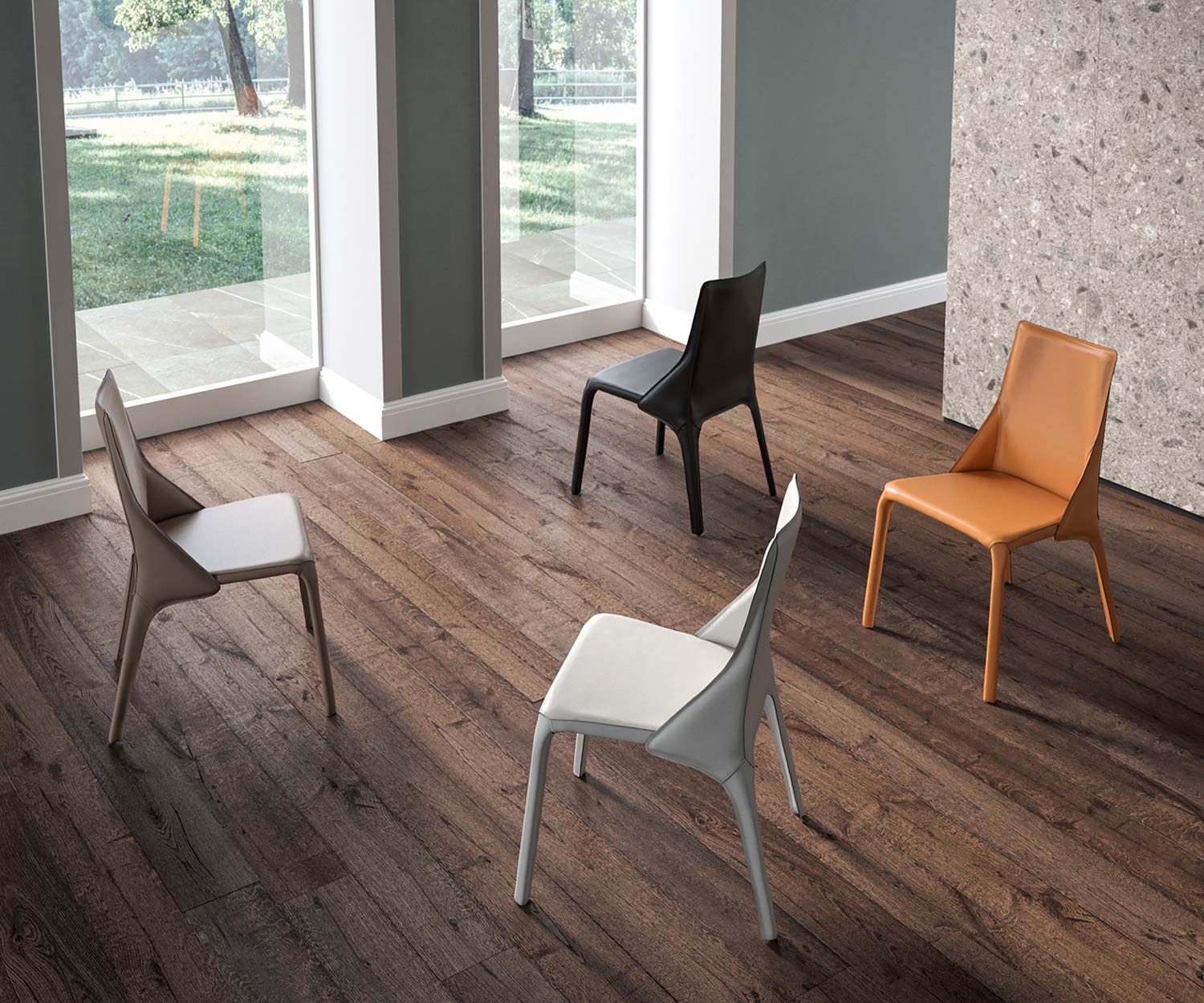 Chaise en cuir design moderne quatre chaises en cuir installées dans une pièce sur un plancher en bois