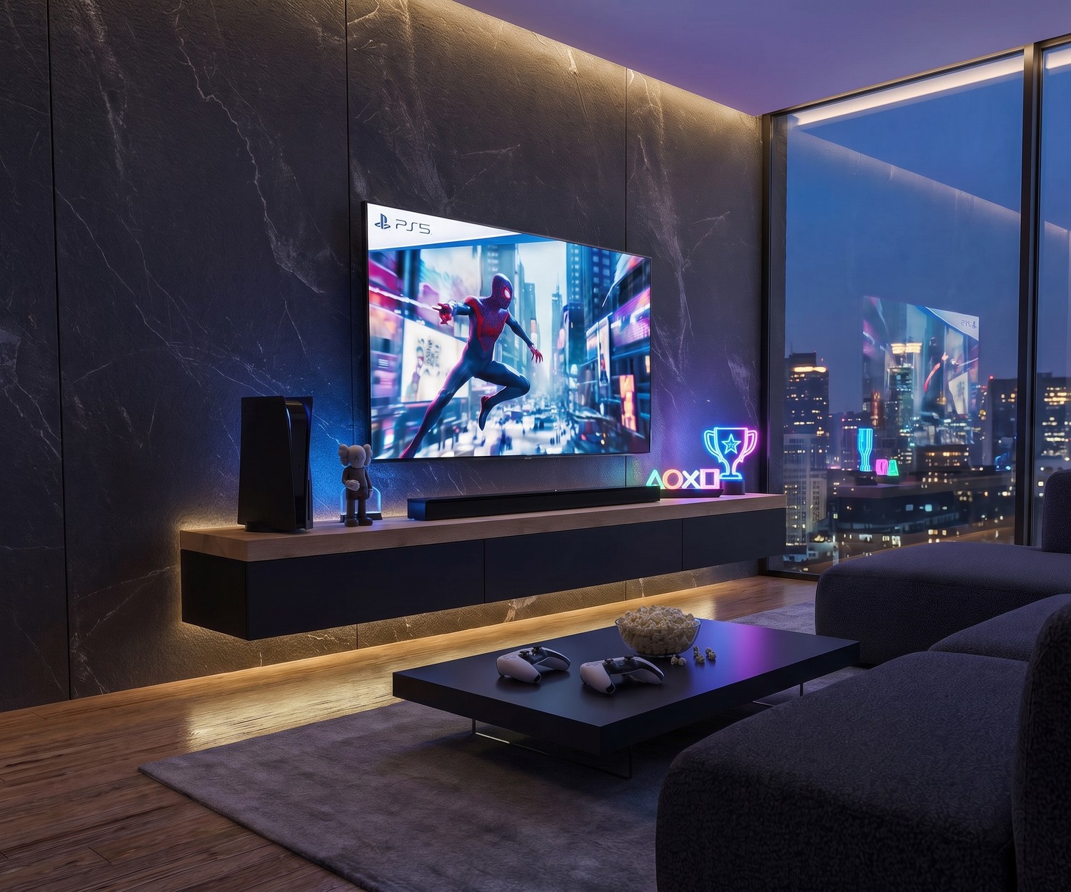 Lowboard im Wohnzimmer: Hängendes Livitalia Lowboard mit dicker Holzplatte und dunkler Front in modernem Gaming-Wohnzimmer