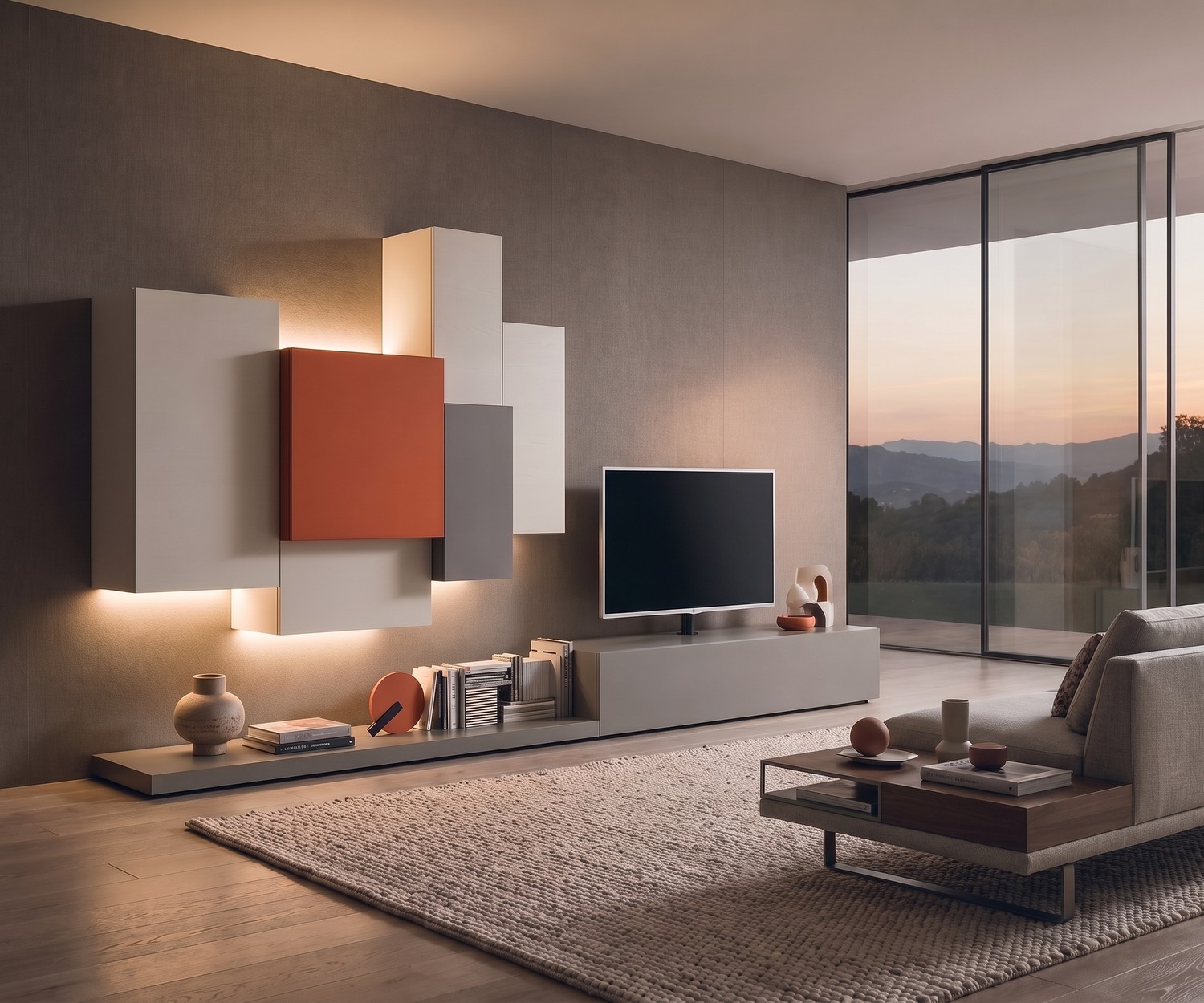 Livitalia EASY TV Podest & Sockelbank Livitalia EASY TV Podest und Sockel im modernen Wohnzimmer, flache graue TV-Bank für Mediamöbel und Dekoration.