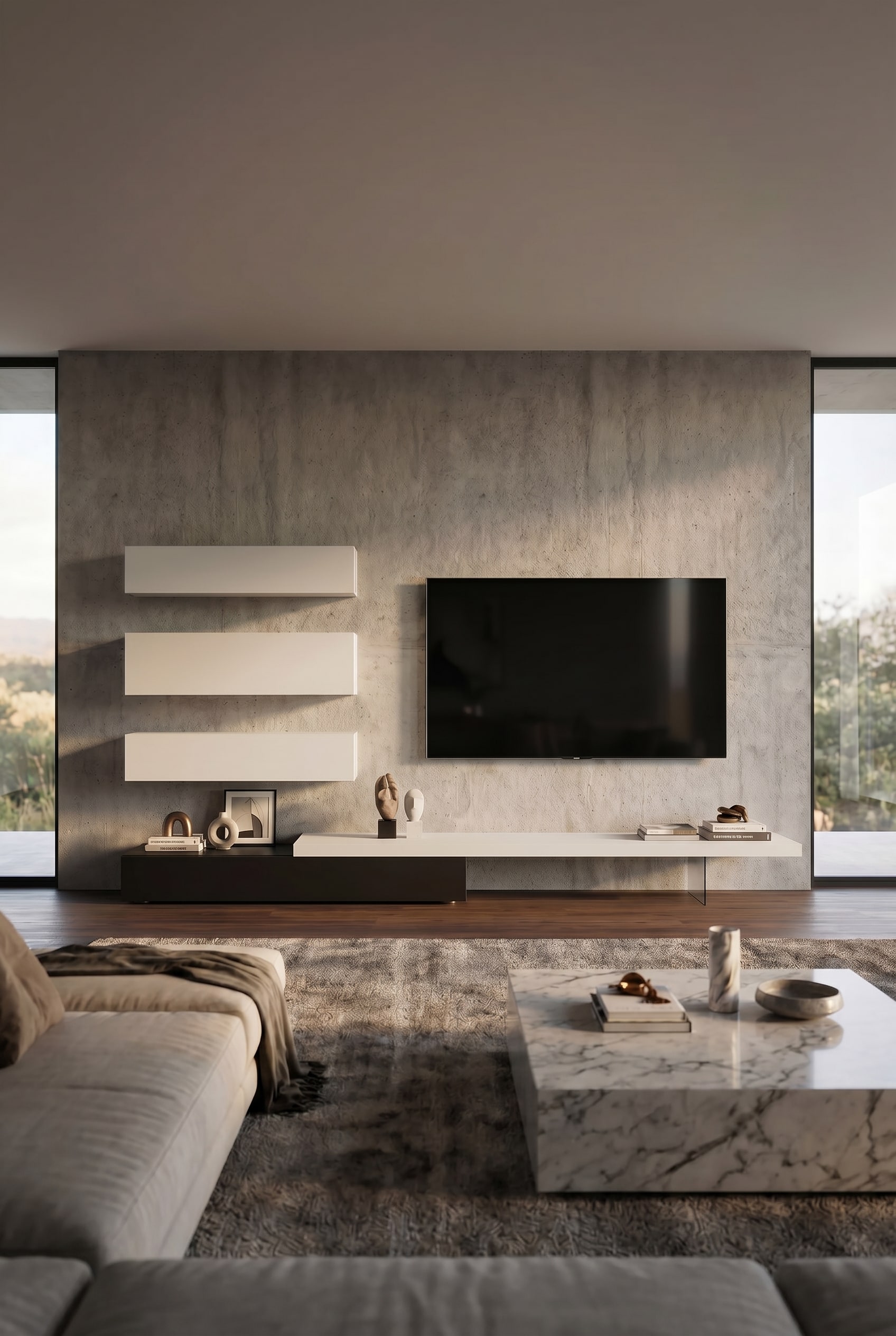 Minimalistisches Wohnzimmer mit der schwebenden Livitalia Wohnwand C107