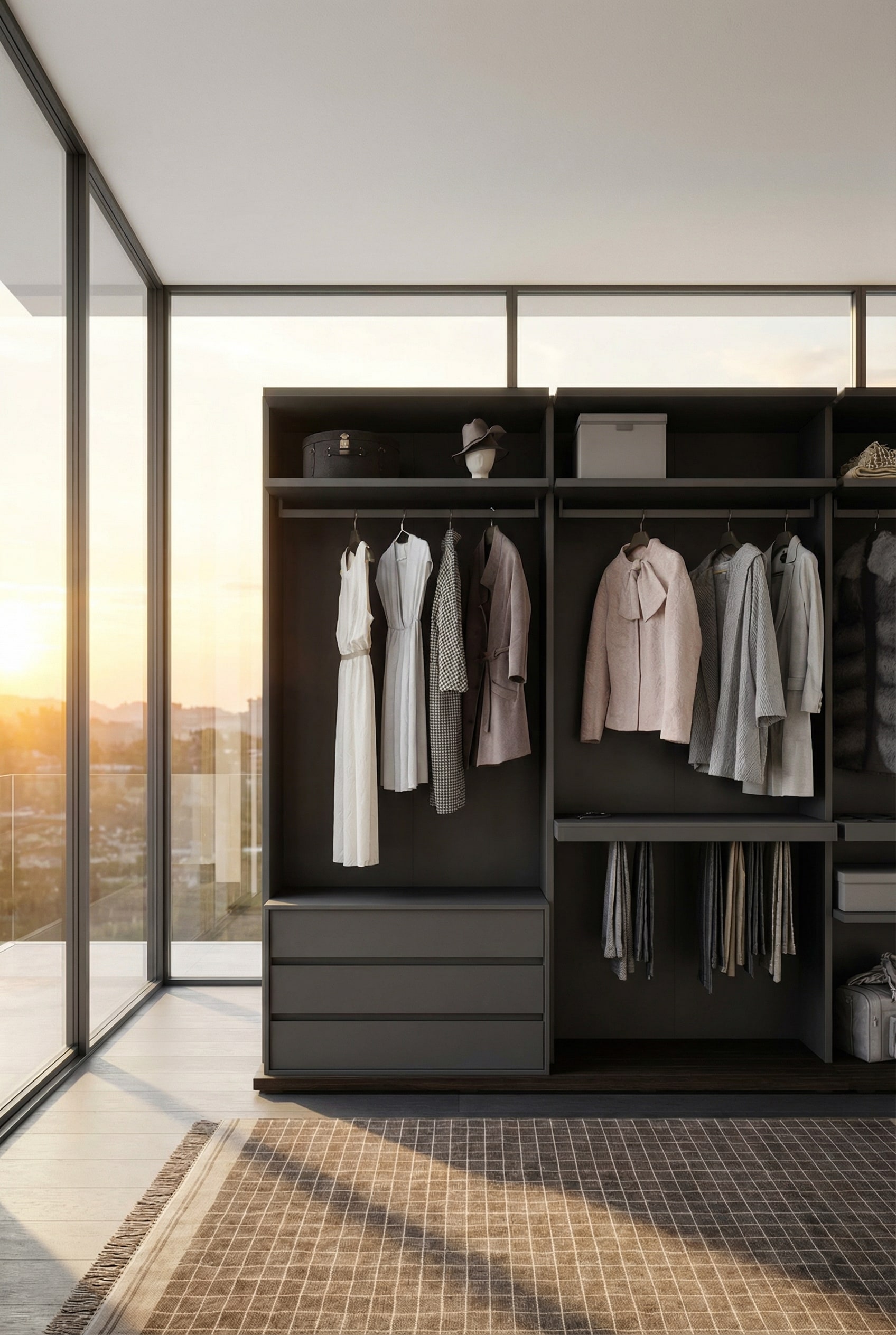 Wandmontiertes, schwebendes Kleiderschrank-System f&uuml;r optische Leichtigkeit