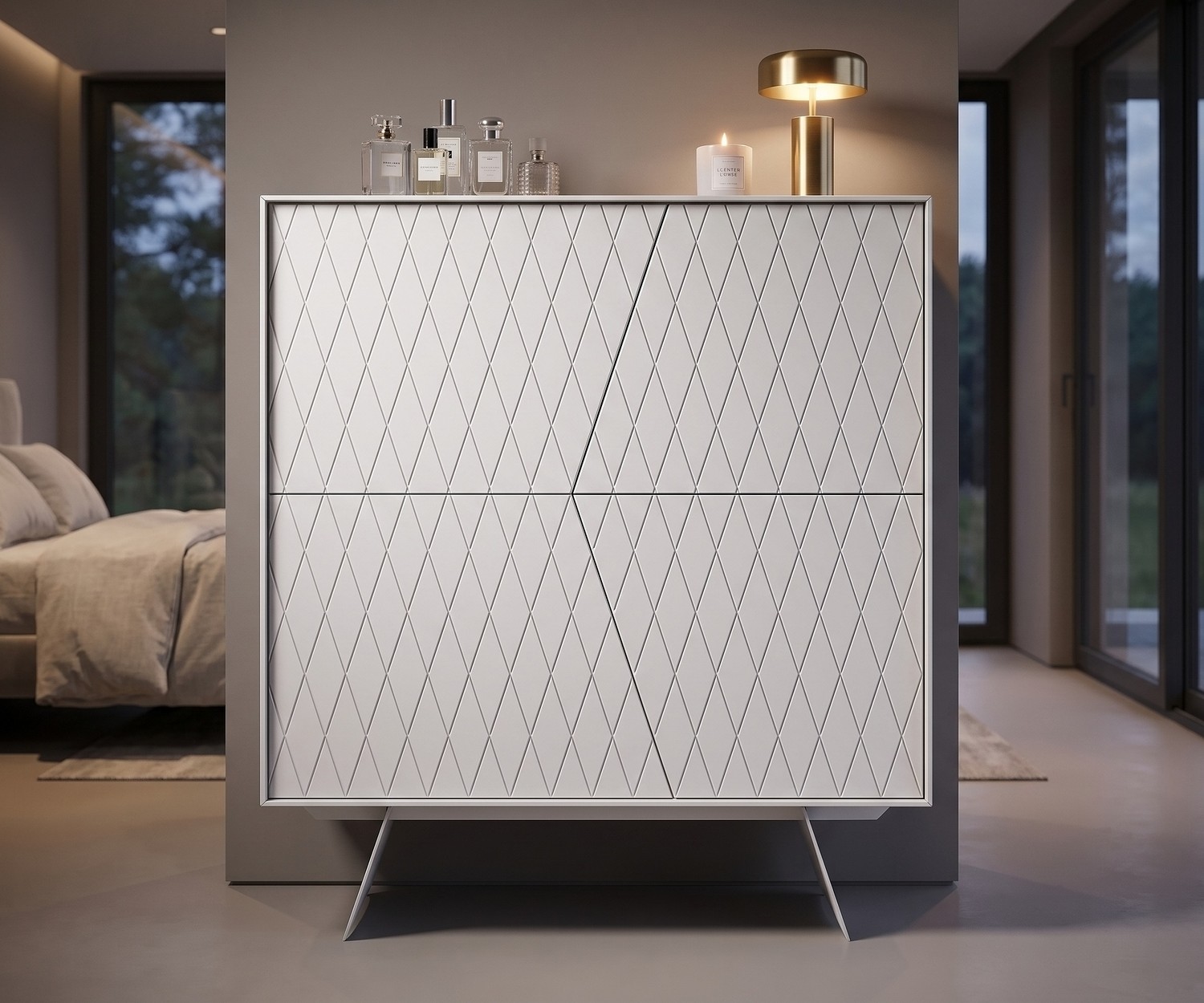 Buffet haut design al2 e-klipse 009 blanc Buffet haut al2 e-klipse 009 pour chambre, meuble de rangement blanc mat avec portes à motif de losanges.