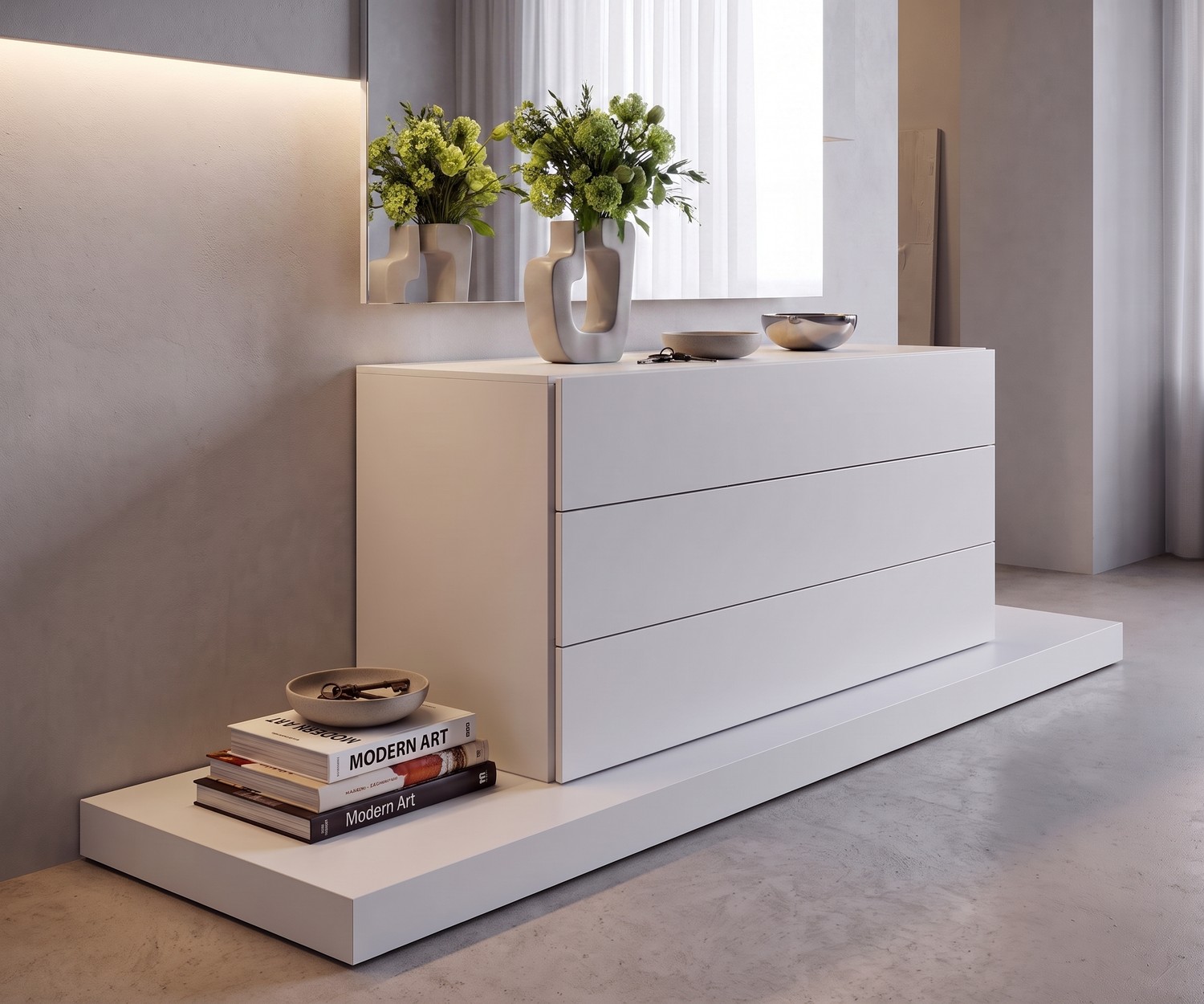 Commode moderne Easy à 3 tiroirs Commode design Easy de Novamobili à 3 tiroirs blanche, meuble de rangement minimaliste pour chambre avec miroir.