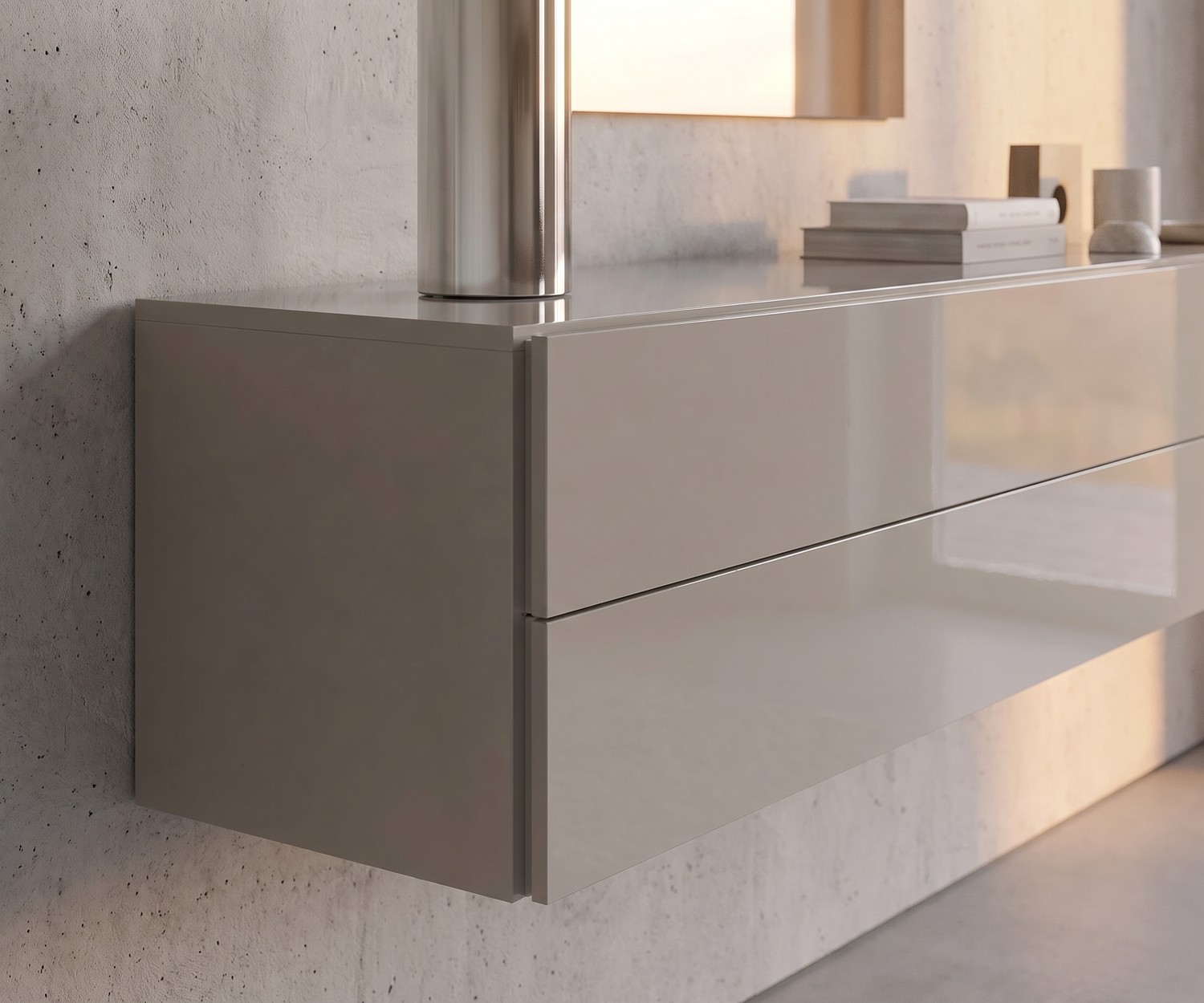 Hängekommode Easy von Novamobili in Sand Hochglanz für das Wohnzimmer im minimalistischen Design vor einer Betonwand.