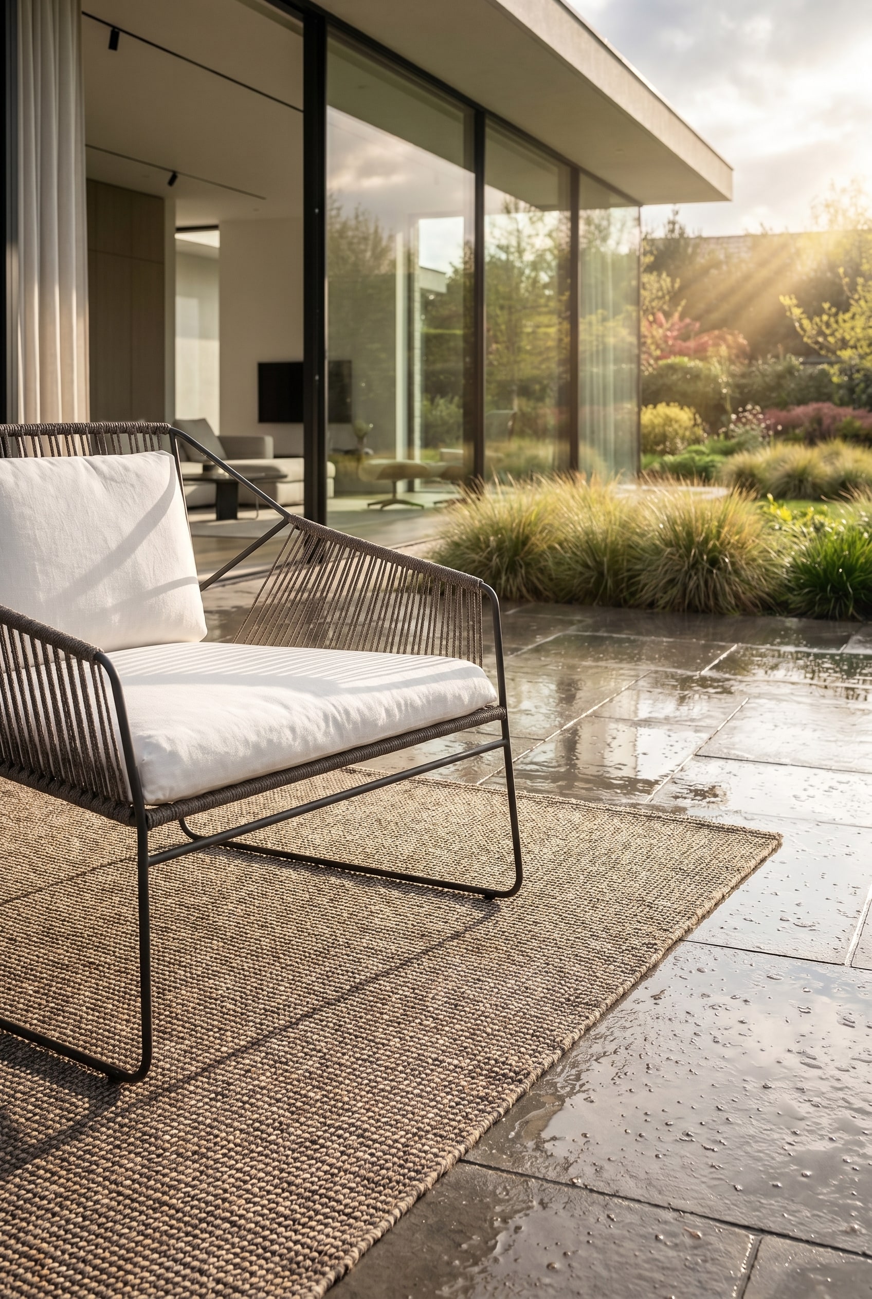 Moderner Sitzplatz im Garten mit regenfesten Premium-Materialien in situ