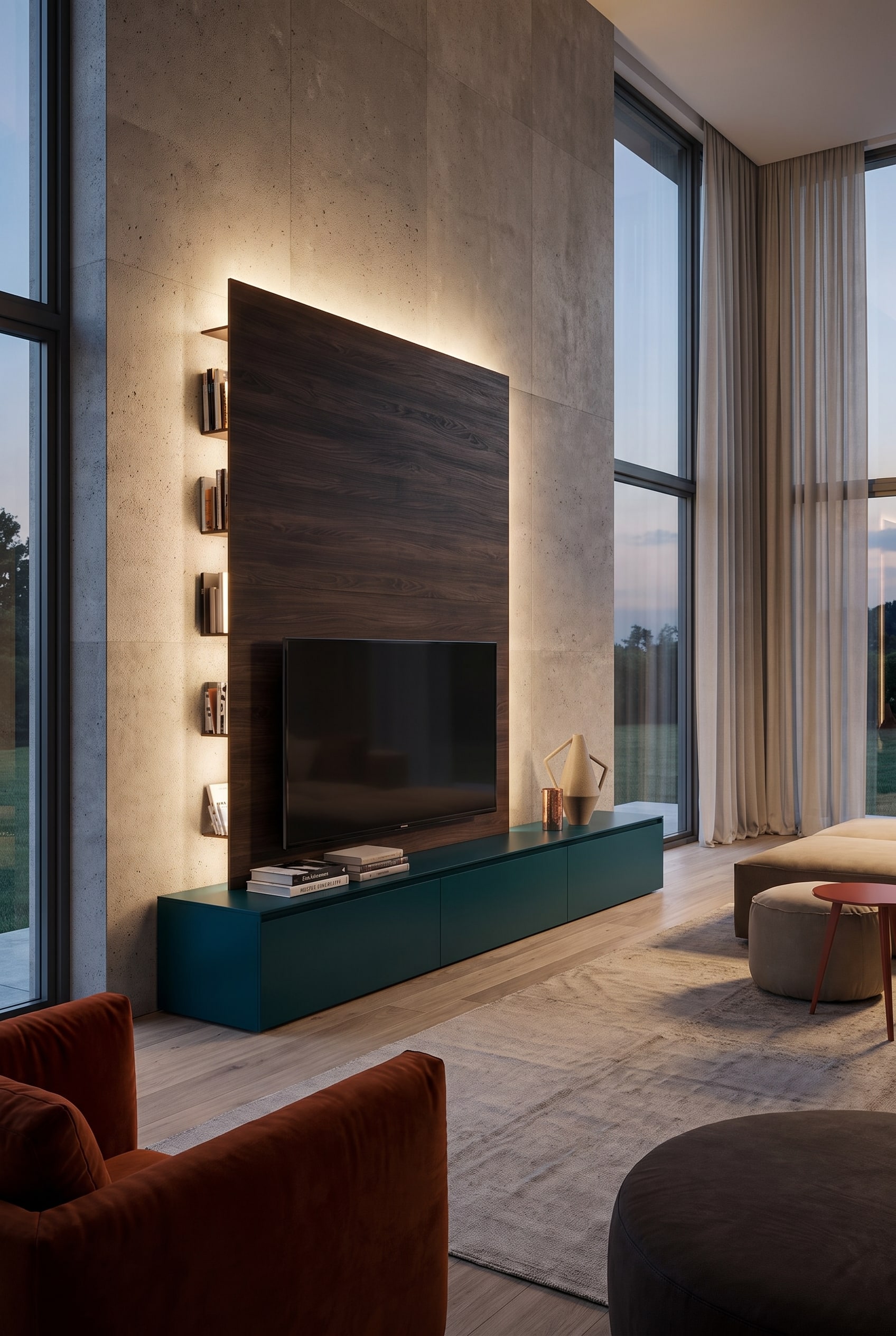 Luxuri&ouml;se TV-Wand mit dunklem Holzpaneel und integriertem Flachbildschirm in einem Wohnzimmer mit extrem hohen Decken