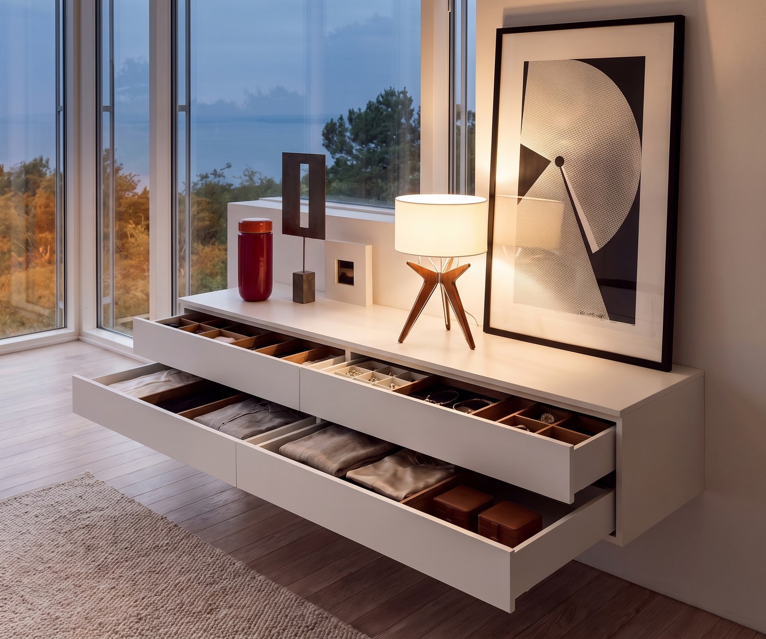 Commode suspendue dans la chambre : Commode murale blanche Novamobili Easy à 4 tiroirs dans un intérieur minimaliste.
