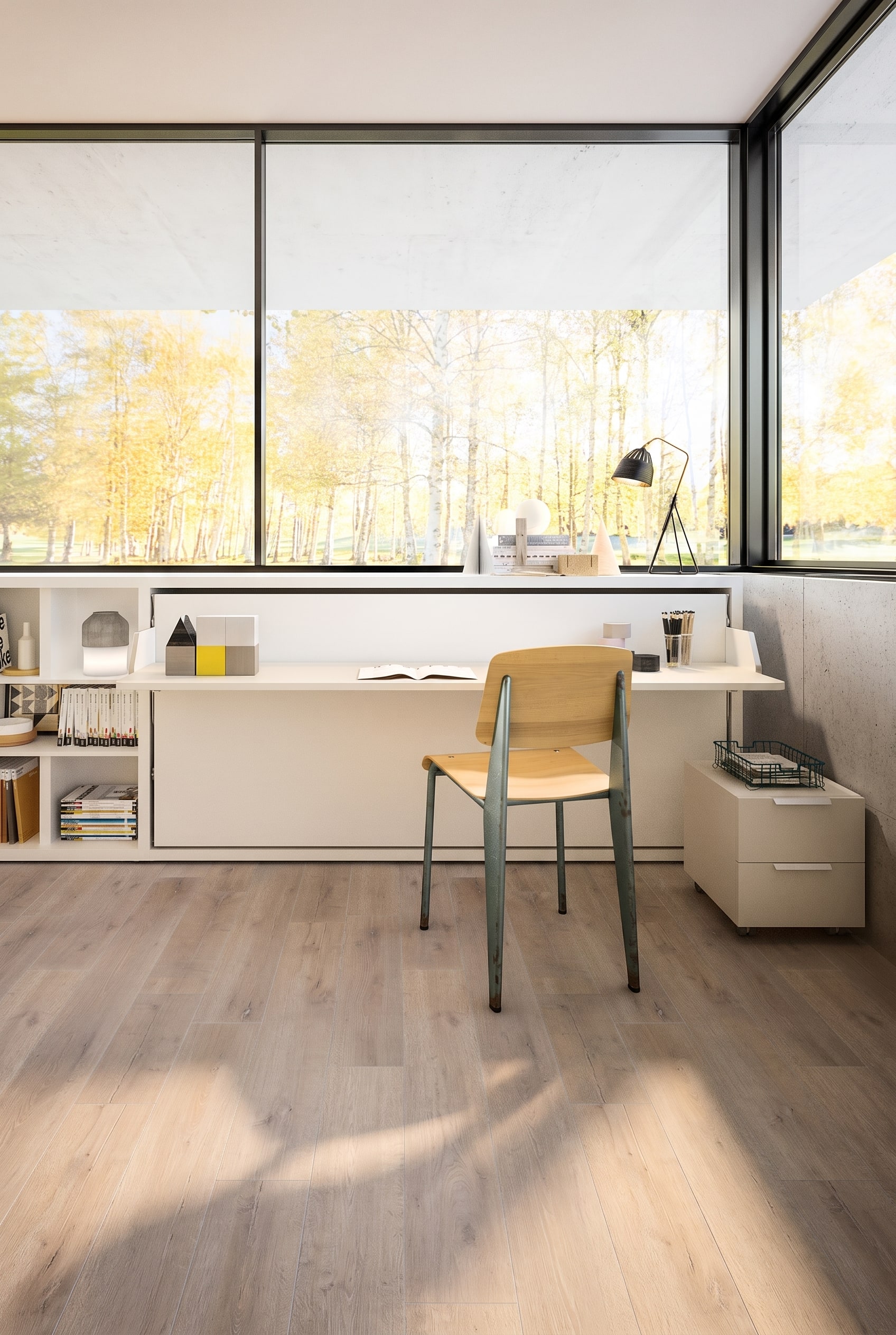 Un lit escamotable moderne avec bureau intégré dans une chambre d'adolescent, qui, une fois relevé, libère entièrement l'espace au sol.