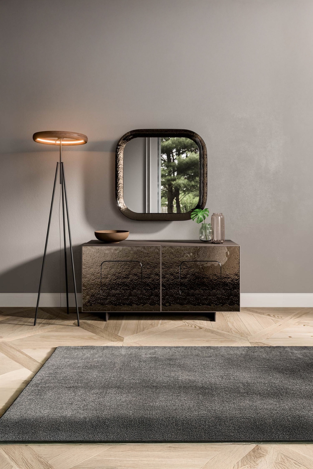 Flur sideboard-spiegel-und-lampe-mit-extravaganter-ausstrahlung