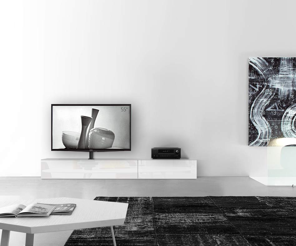Table basse design Configurateur avec support TV au sol Largeur 240 33,5 45 gauche blanc brillant