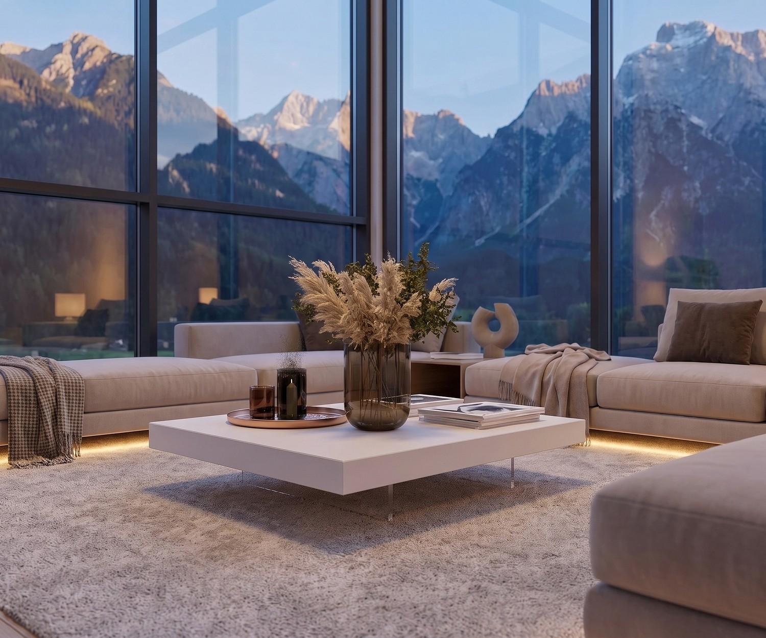 Moderner Couchtisch Low von Livitalia in Weiß flach schwebend mit transparenten Füßen im luxuriösen Wohnzimmer.
