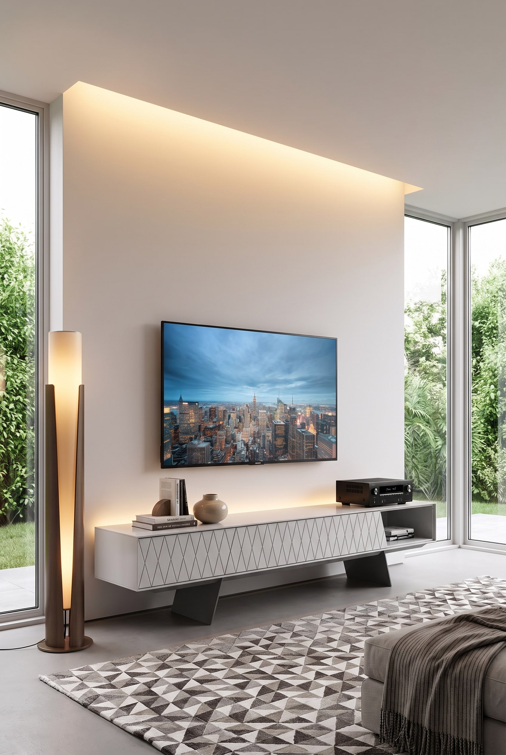 Minimalistisches Wohnzimmer mit flachem al2 e-klipse 008 Lowboard und darauf platziertem Flatscreen