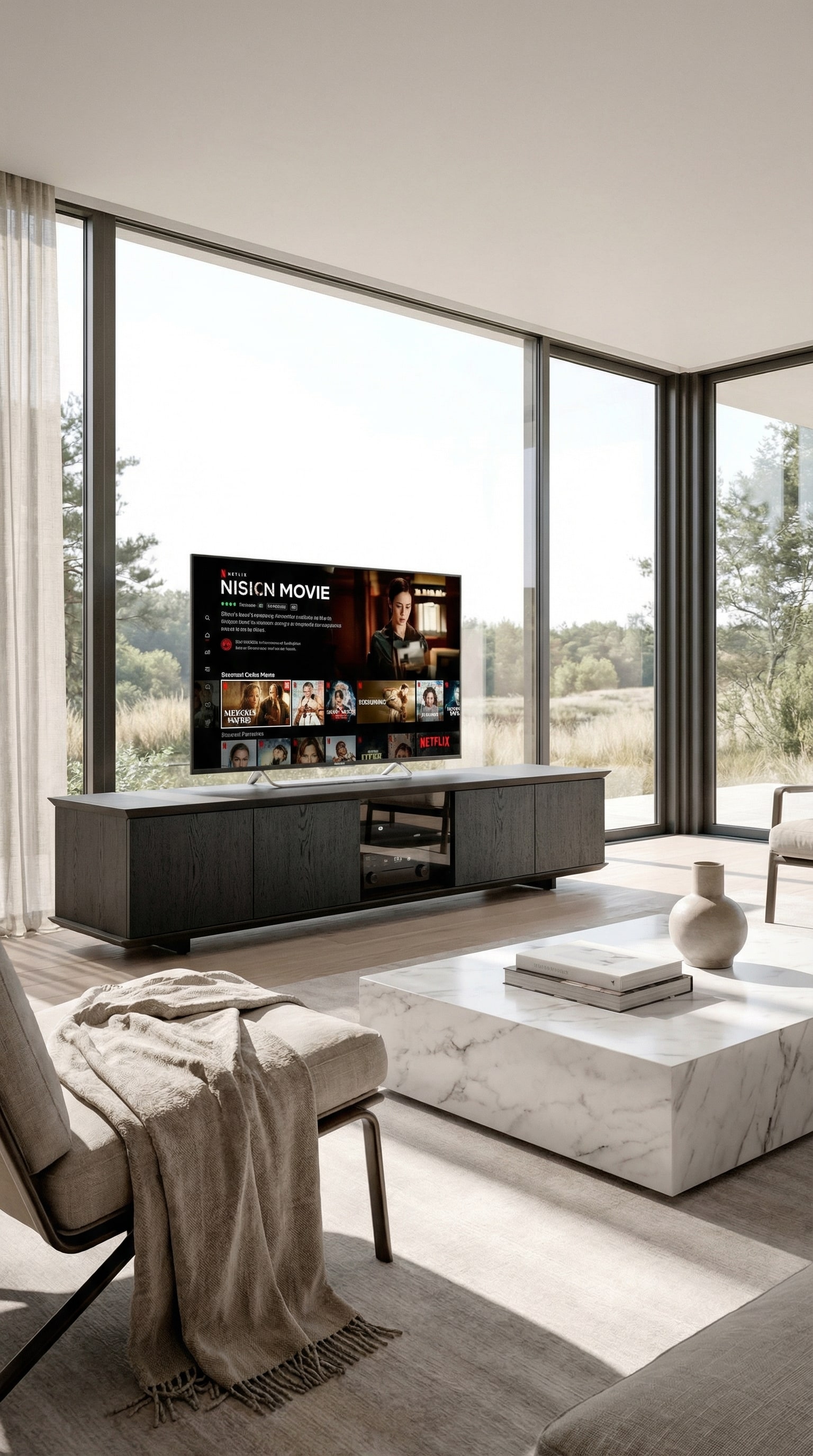 Ozzio Brera TV Media Lowboard mit unsichtbarer Technik-Integration in einem hellen Wohnzimmer