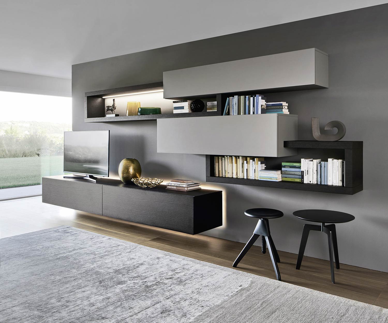 Exklusive Livitalia Design Wohnwand C27 in Eiche furniert und Grau Matt Exklusive Livitalia Design Wohnwand C27 in Eiche furniert und Grau Matt