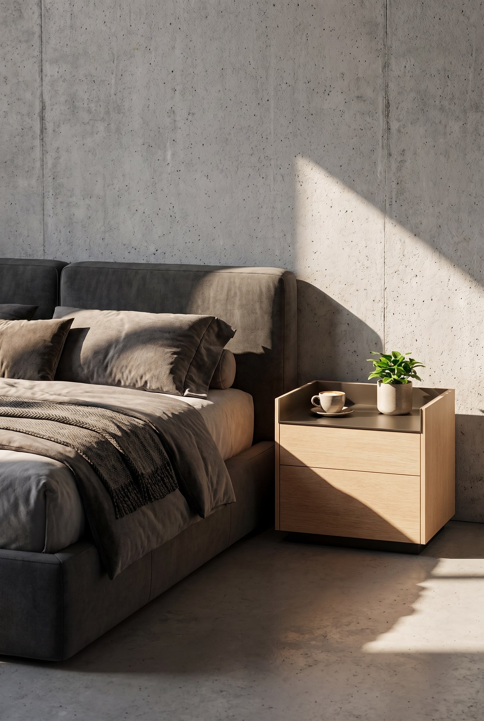 Table de chevet Punt Stockholm avec placage de ch&ecirc;ne chaud et un &eacute;l&eacute;gant plateau en aluminium dans une chambre &agrave; coucher au design moderne.