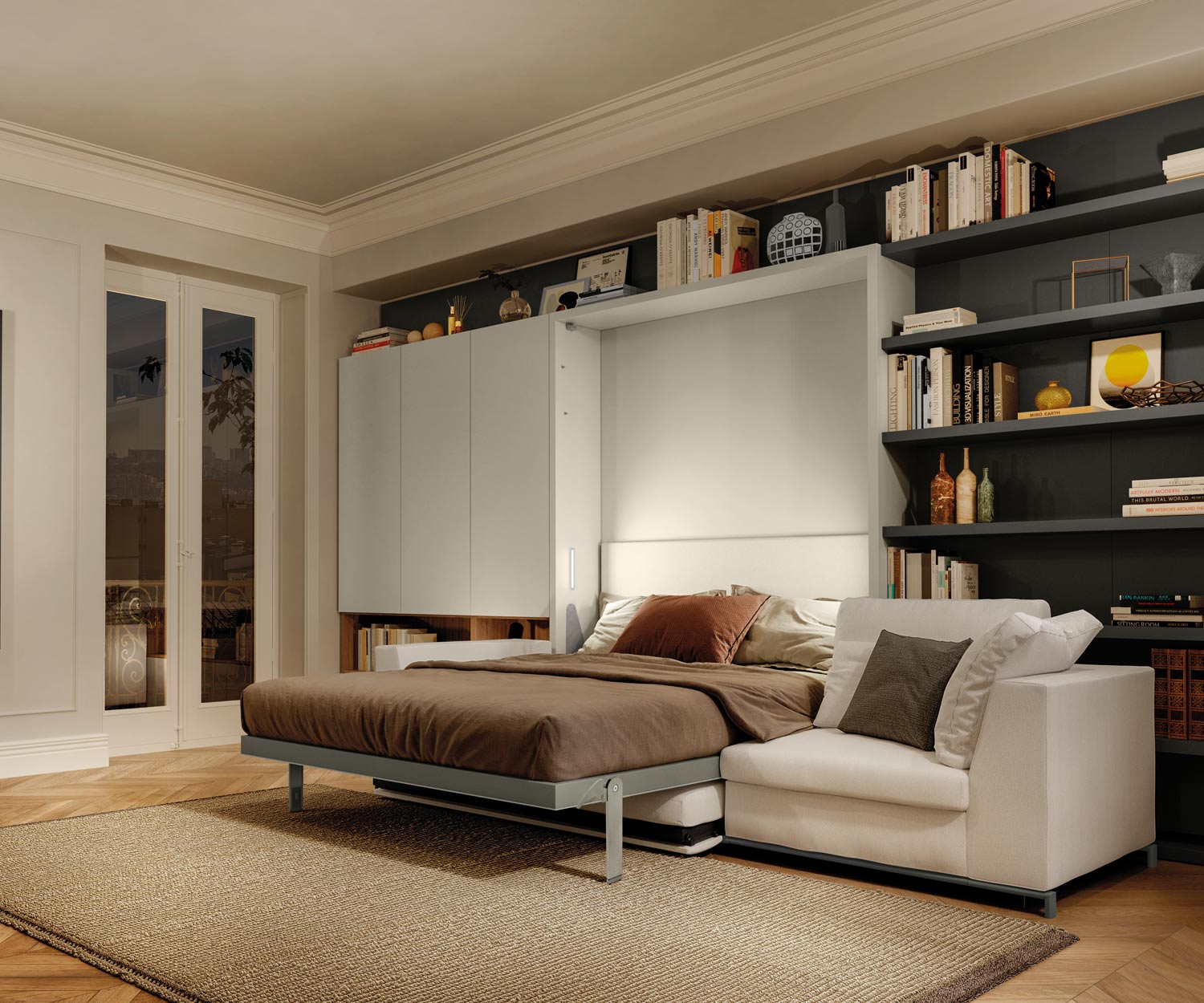 Salon moderne avec lit-armoire et canapé