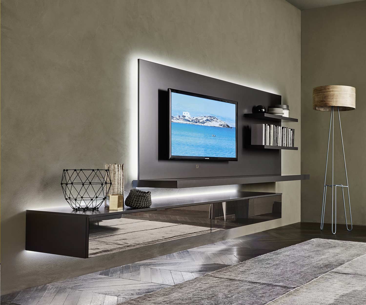 Livitalia Panneau mural TV design de haute qualité avec éclairage LED Livitalia Panneau mural TV design de haute qualité avec éclairage LED