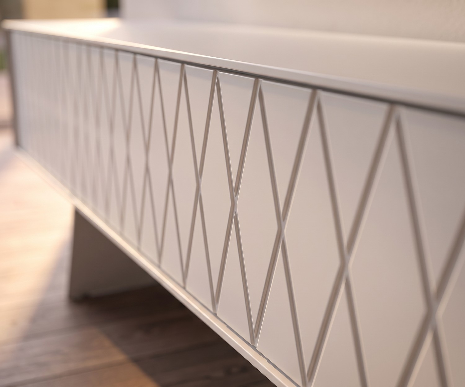 Meuble TV lowboard al2 e-klipse 008 pour salon, façade blanc mat moderne avec motif de losanges, style minimaliste.