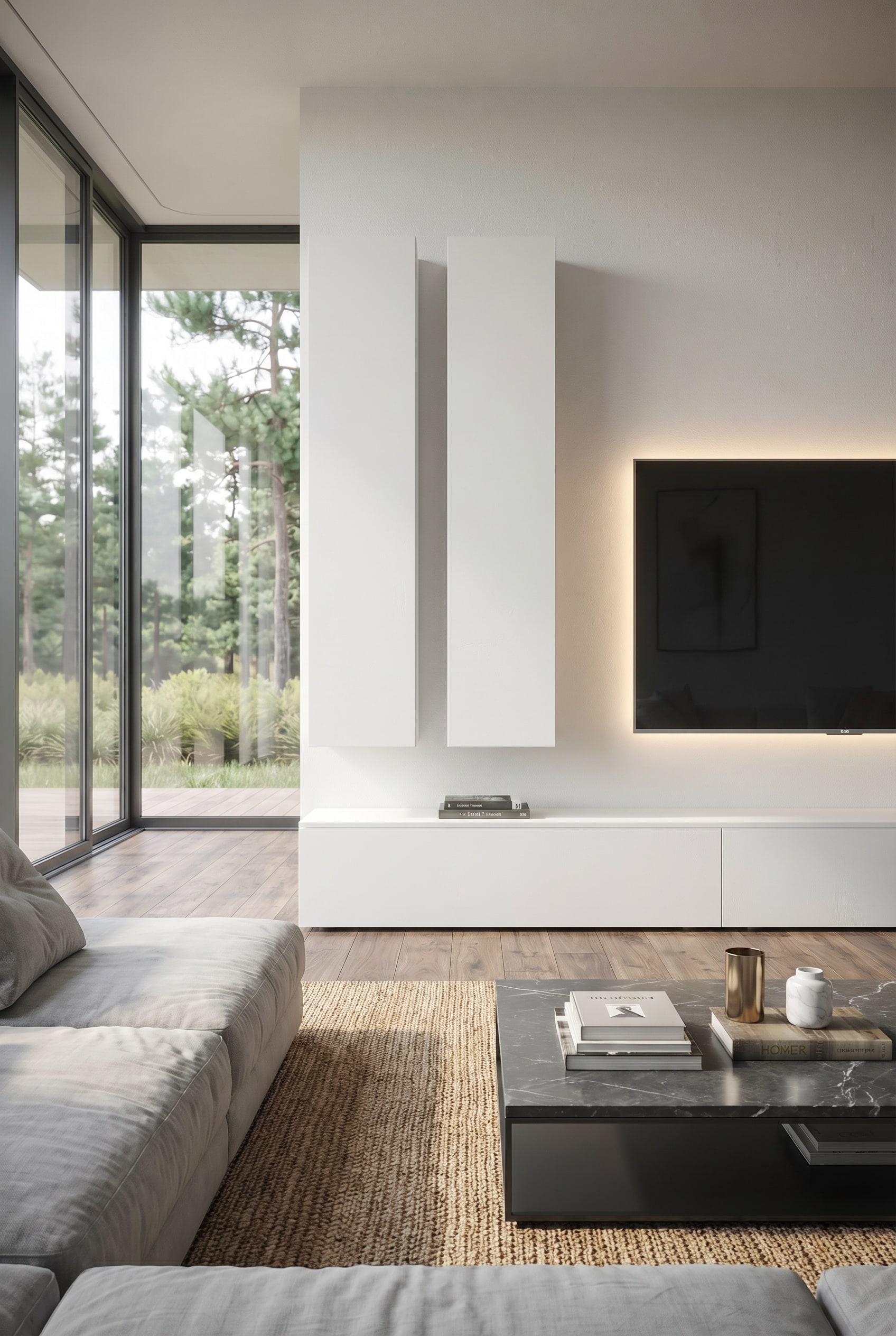 Ensemble mural C106 con&ccedil;u de mani&egrave;re asym&eacute;trique en blanc mat comme point focal central dans le salon