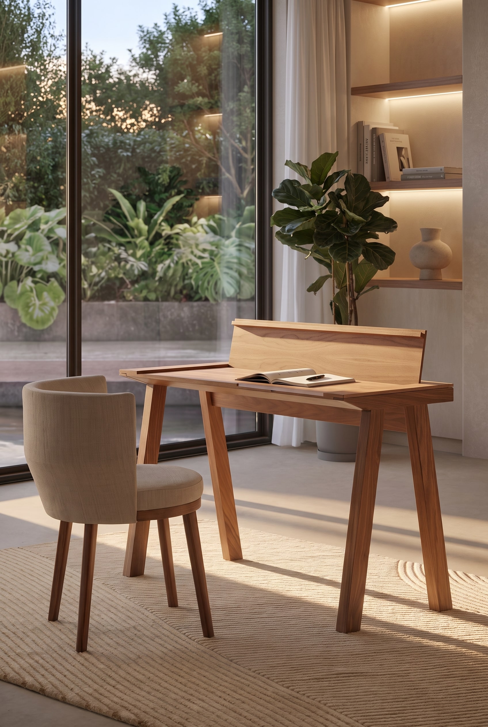 &Eacute;l&eacute;gant secr&eacute;taire en bois avec un abattant relev&eacute; et une chaise rembourr&eacute;e beige et confortable sur un tapis clair