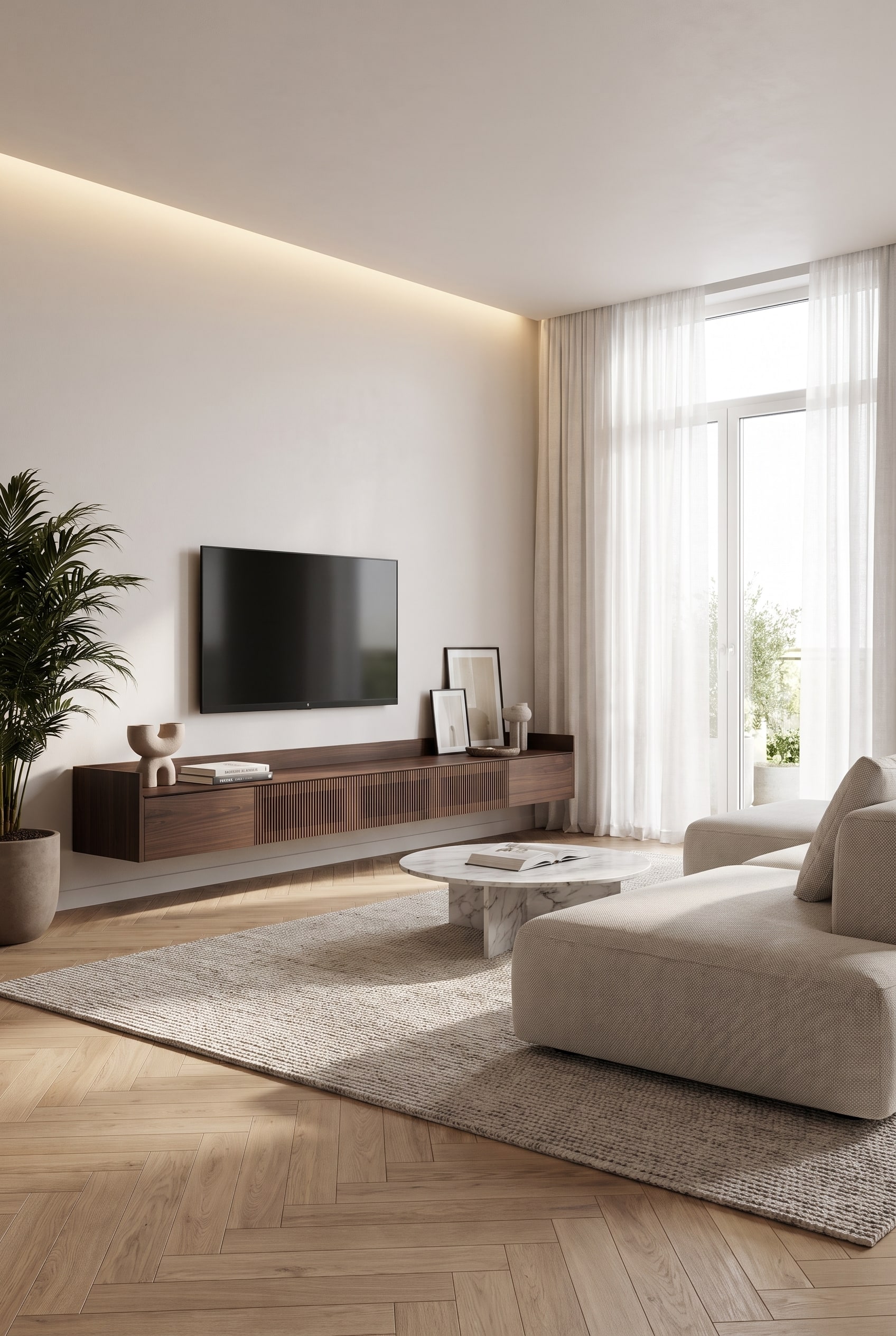 Minimalistisches Wohnzimmer mit wandhängendem Holz-Lowboard, grifflosen Fronten und dezenter LED-Hintergrundbeleuchtung.