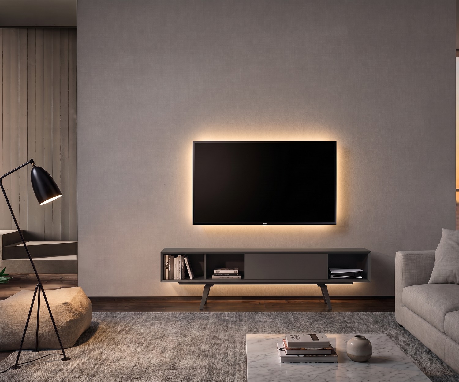 TV Lowboard e-klipse 005 für das Wohnzimmer. Weißes Design-Fernsehmöbel vor Betonwand in moderner, heller Einrichtung.