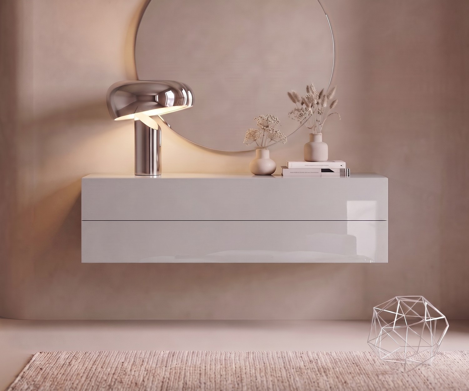 Novamobili Hängekommode Easy in Hellgrau Hängekommode Easy von Novamobili für das Schlafzimmer, modernes Design in Hellgrau Hochglanz unter rundem Spiegel.