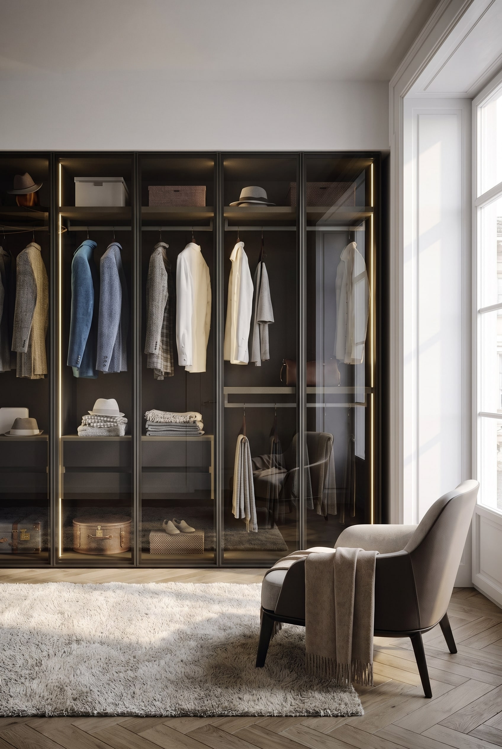 Armoire design moderne avec façades en verre fumé teinté et éclairage LED activé, à travers lequel les vêtements transparaissent doucement