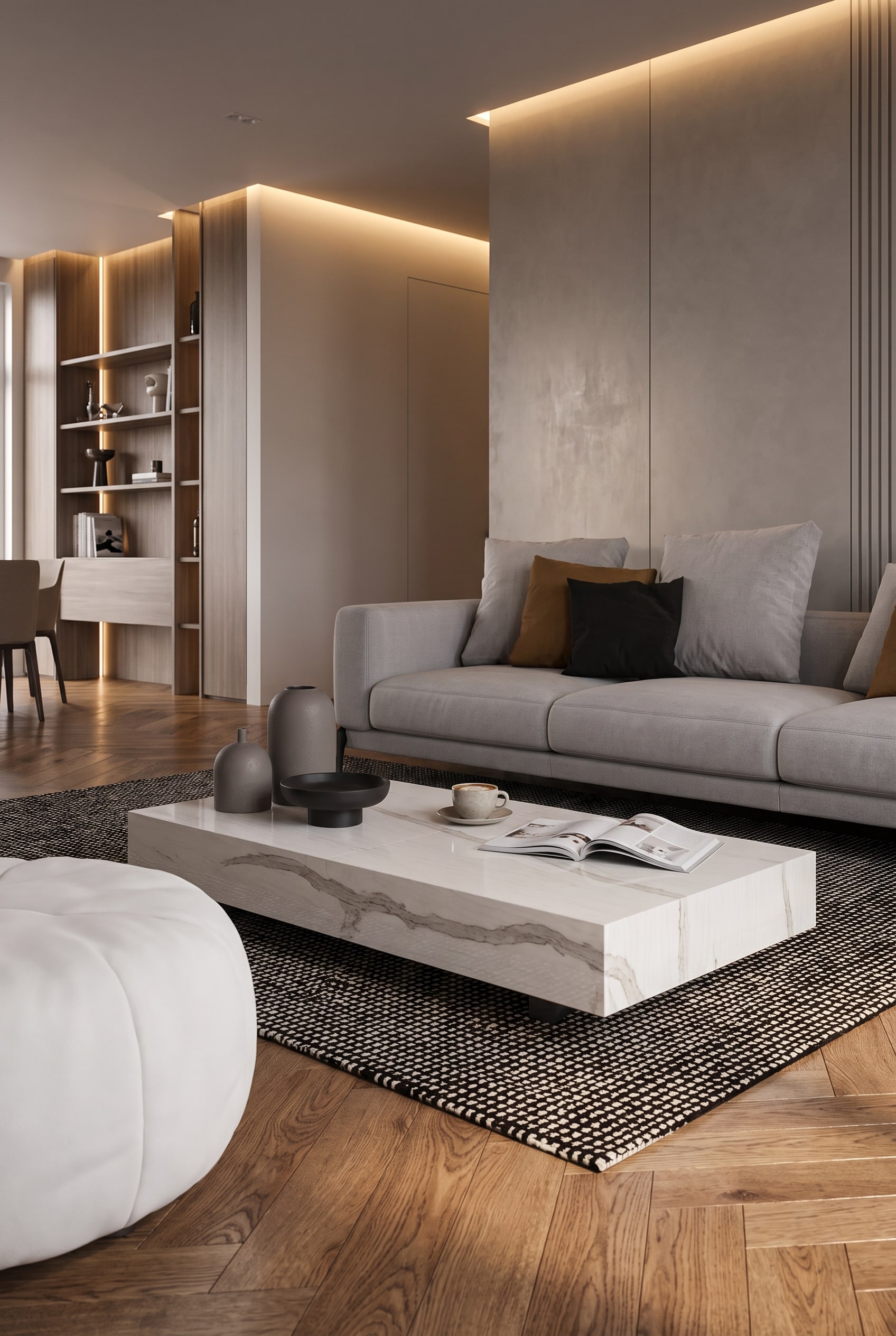 Table basse r&eacute;glable en hauteur au look bois moderne dans un espace de vie compact et lumineux