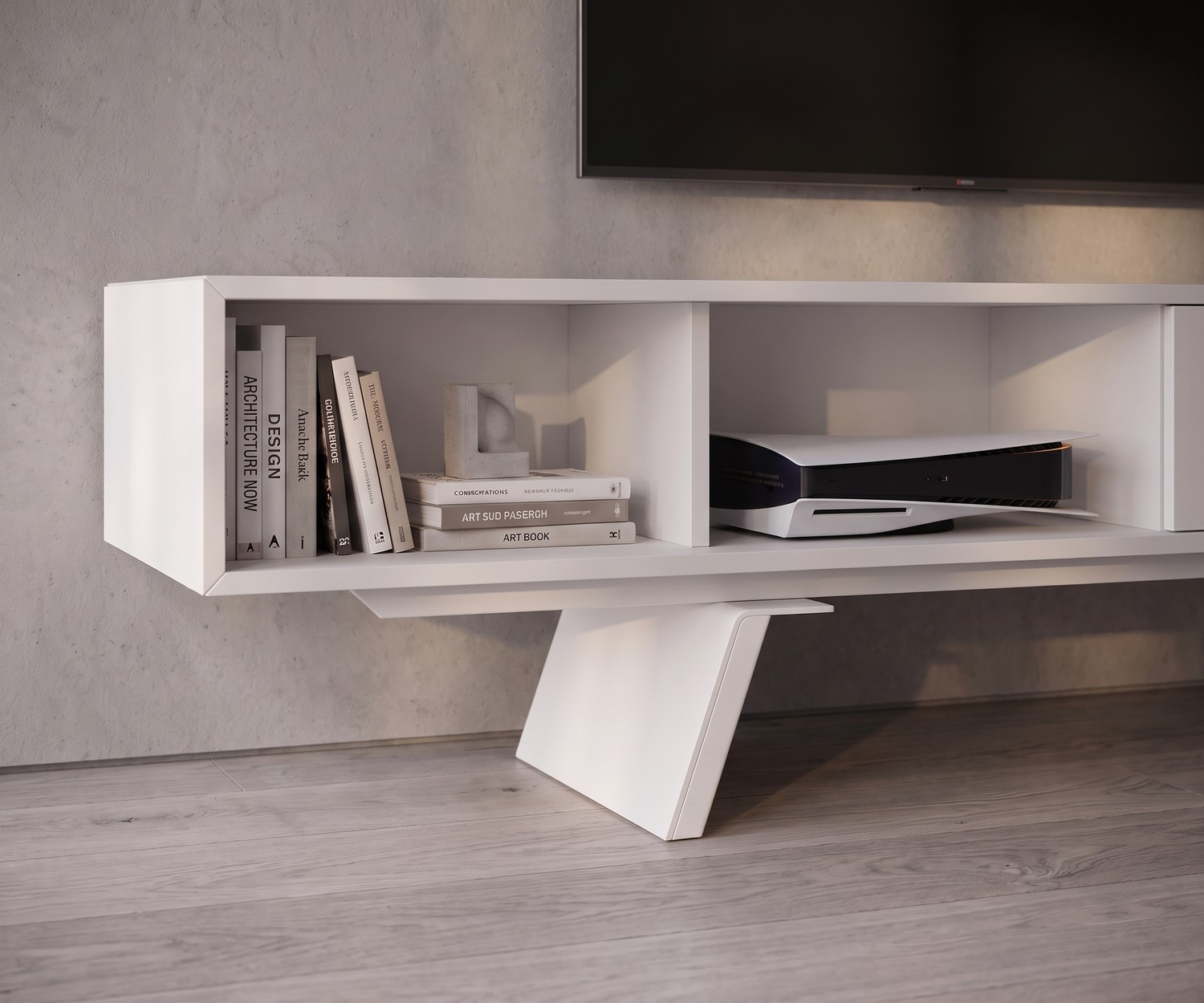 Modernes TV-Lowboard e-klipse 005 in Weiß TV Lowboard e-klipse 005 für das Wohnzimmer. Weißes Design-Fernsehmöbel vor Betonwand in moderner, heller Einrichtung.