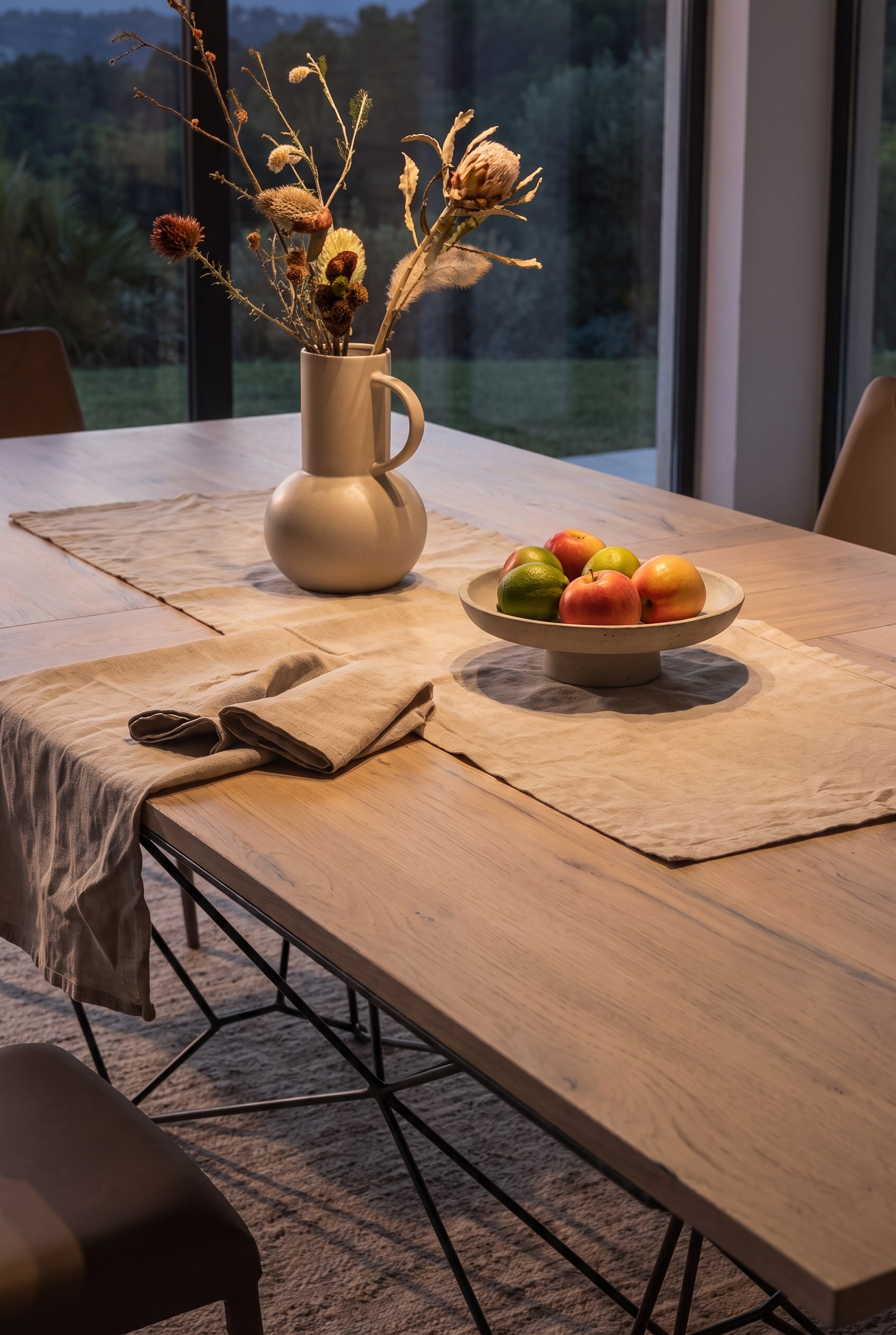 Gros plan sur le grain du bois d'une table à manger avec chemin de table en lin, vase en céramique et coupe à fruits.