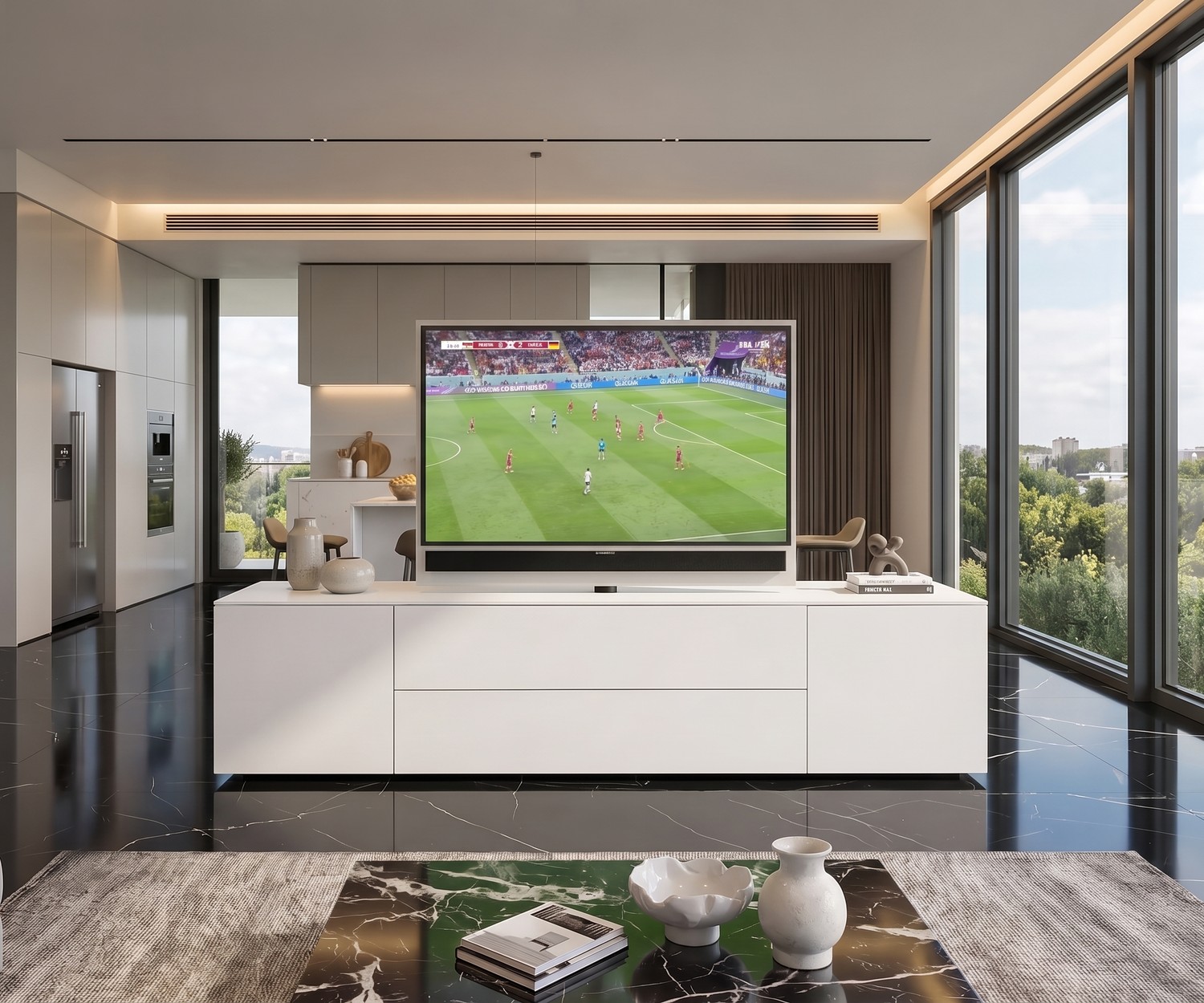 Livitalia Roto Sideboard Raumteiler mit drehbarem TV-Paneel im modernen Wohnzimmer vor offener Küche in Weiß matt.