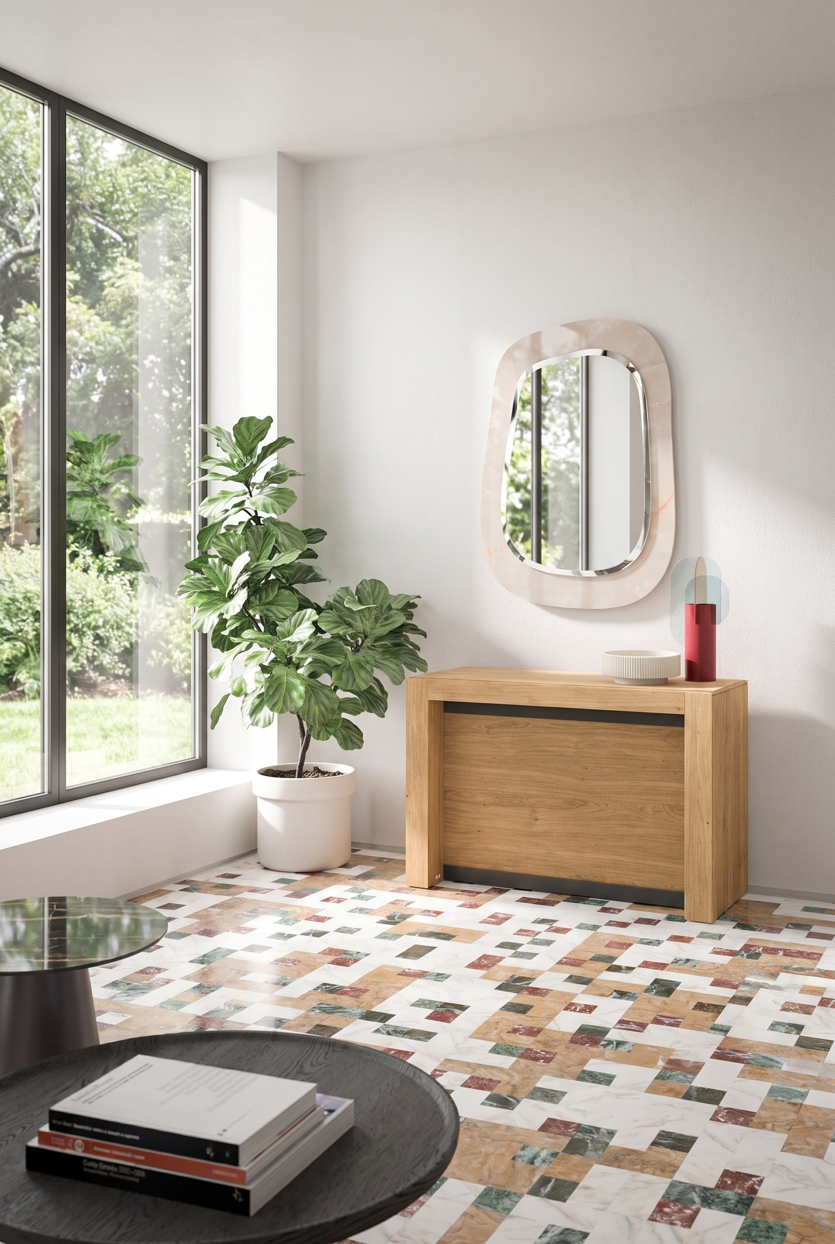 Pi&egrave;ce lumineuse avec une table console en bois ferm&eacute;e contre le mur devant un sol en pierre &agrave; motifs