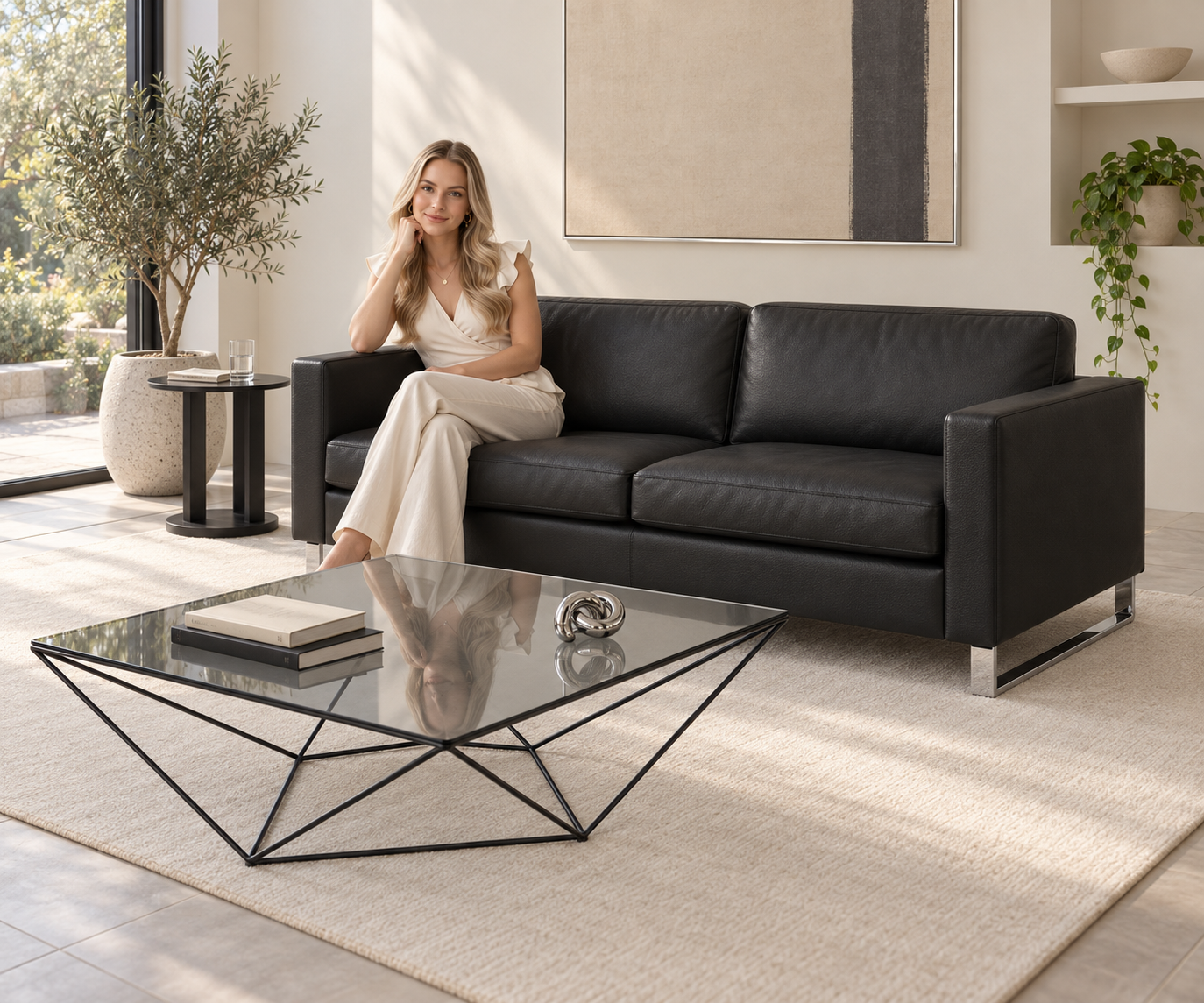 Livitalia Canapé Vinaro, 206 × 91 cm, Seminole 04 Noir, cuir véritable, piètement chromé – Vue de face sans table basse Livitalia Canapé Vinaro, 206 × 91 cm, Seminole 04 Noir, cuir véritable, piètement chromé – Vue de face sans table basse